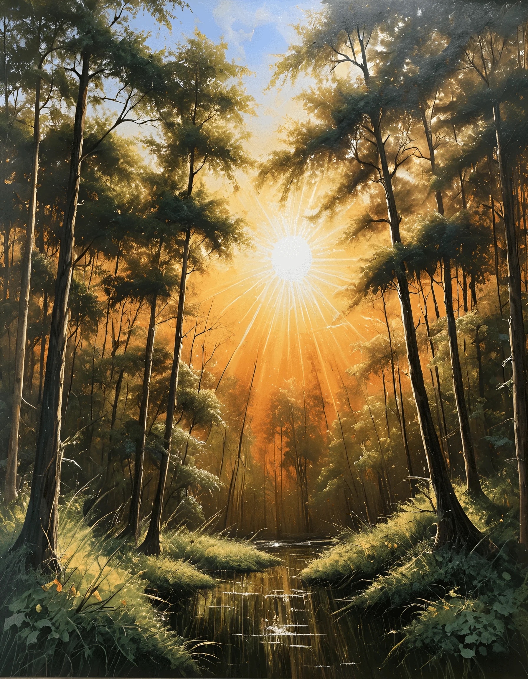 Golden Sunlight Through Forest Trees - Free Download - AI Scribbles