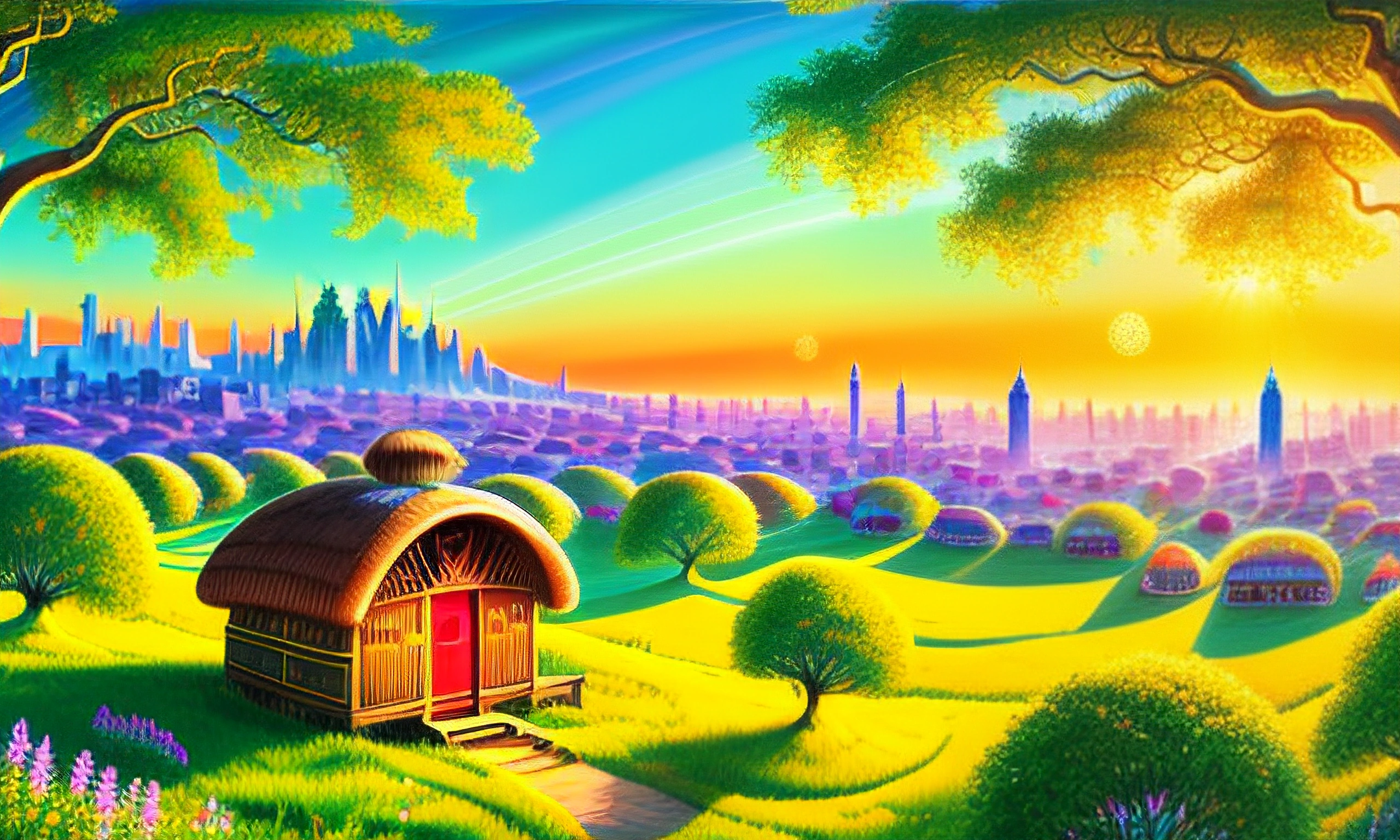 a painting of a small hut in a green field with a city in the background