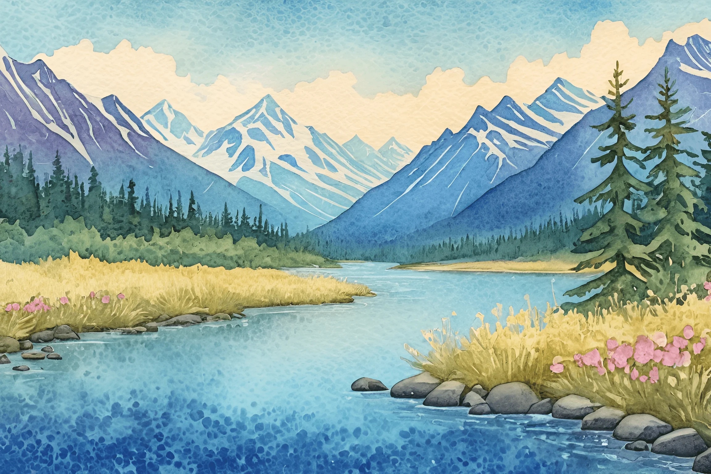 Serene Mountain Landscape with River - Free Download - AI Scribbles