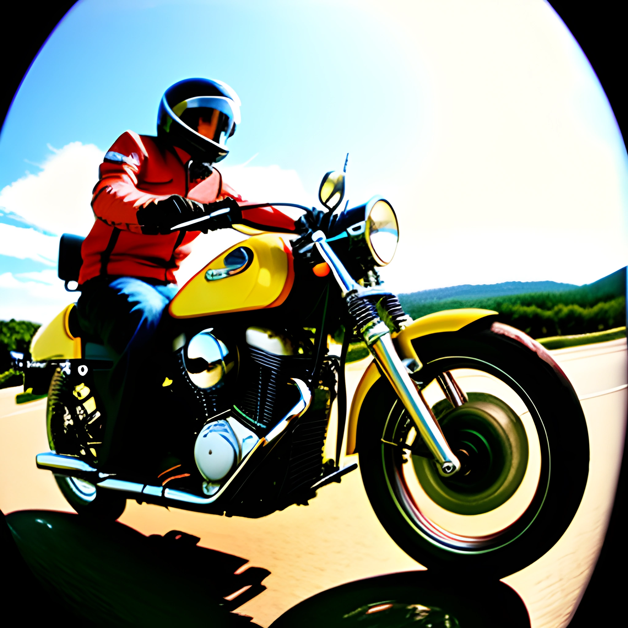 riding a yellow motorcycle on a road with a blue sky