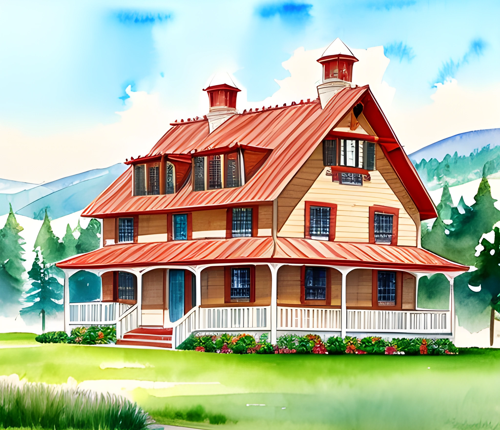 painting of a house with a red roof and a porch