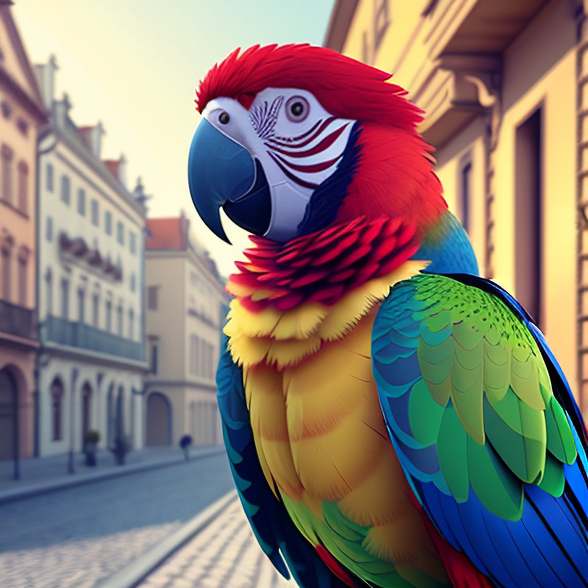 brightly colored parrot sitting on a ledge in front of a building