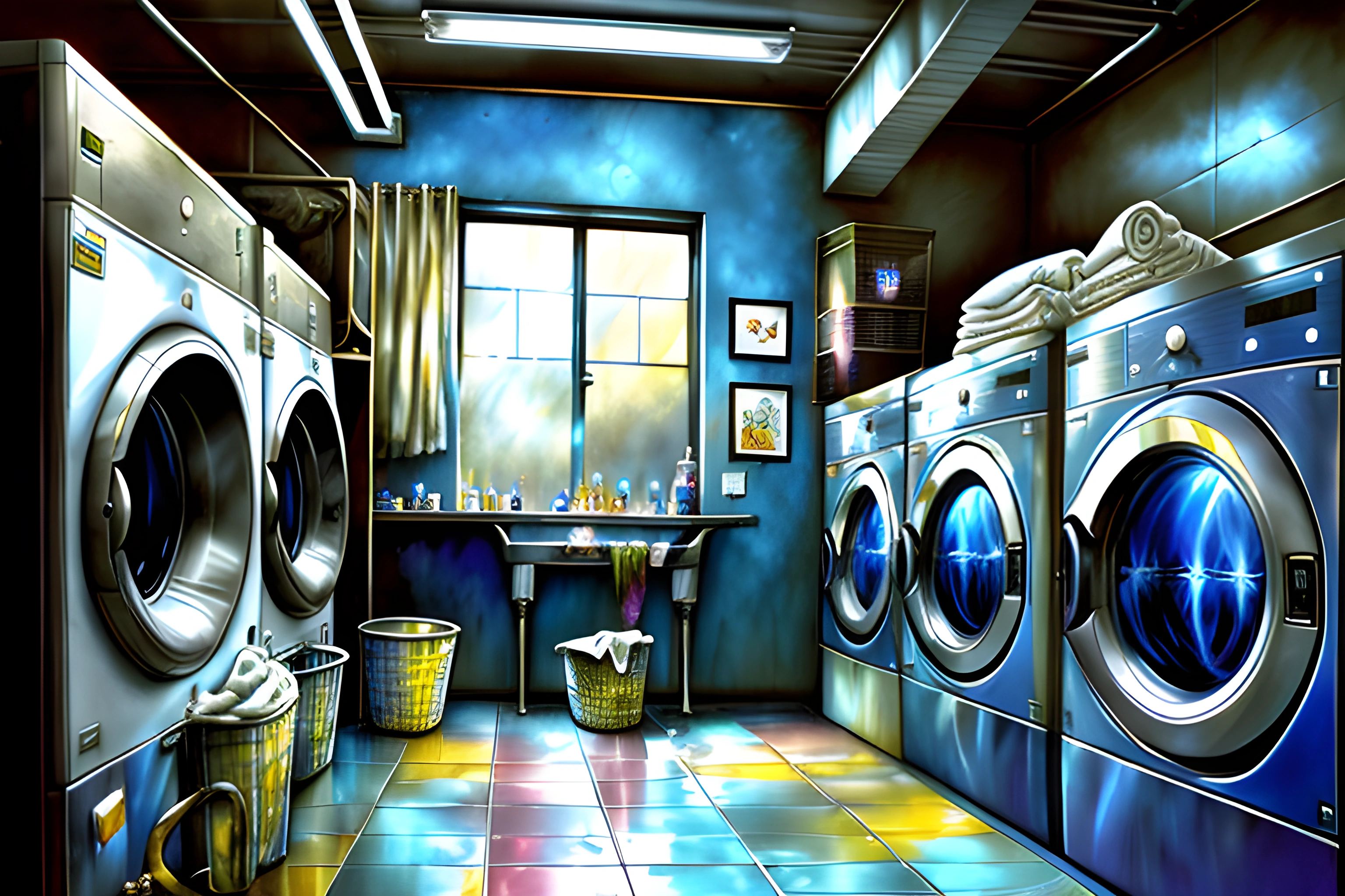 painting of a washer and dryer in a laundry room