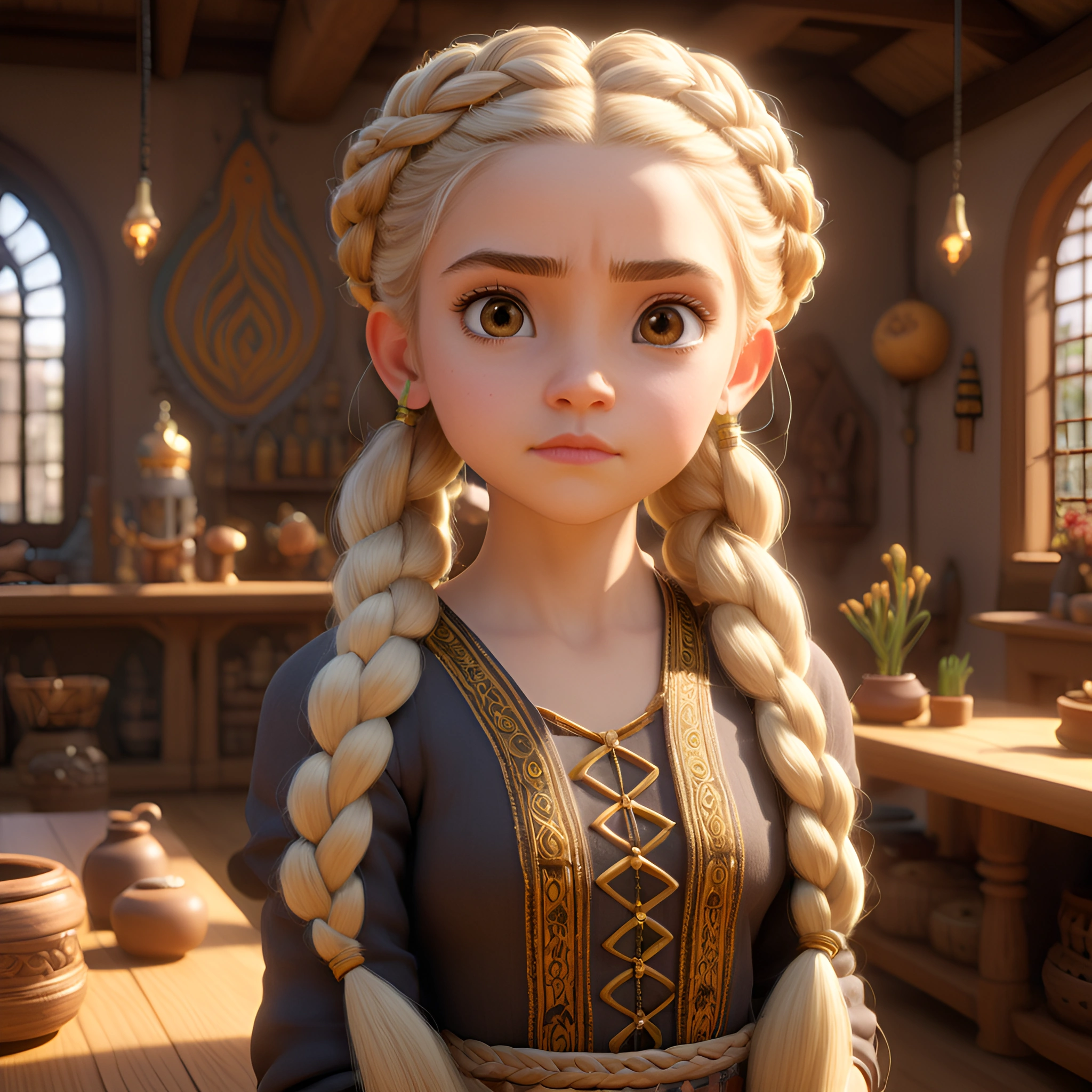 blonde haired girl with braids in a medieval setting
