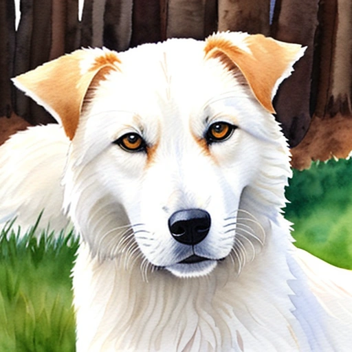 painting of a white dog with brown ears and a brown nose