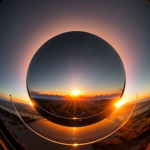 view of a sunset in a mirror with a plane in the background