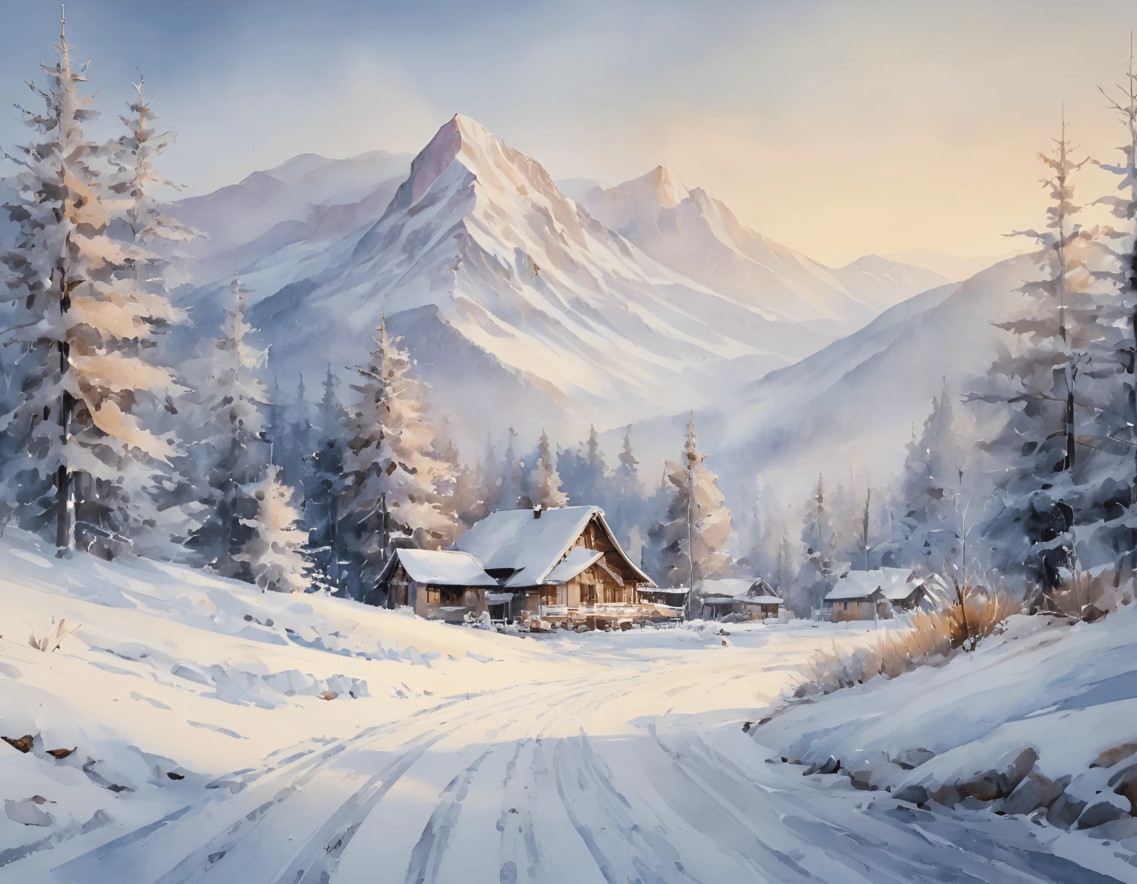 Serene Winter Landscape with Cottage and Snowy Mountains - Free ...