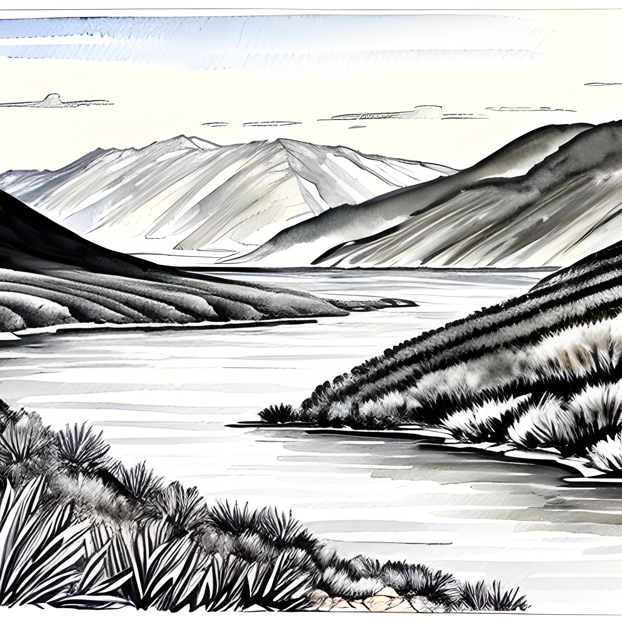 a drawing of a mountain landscape with a lake