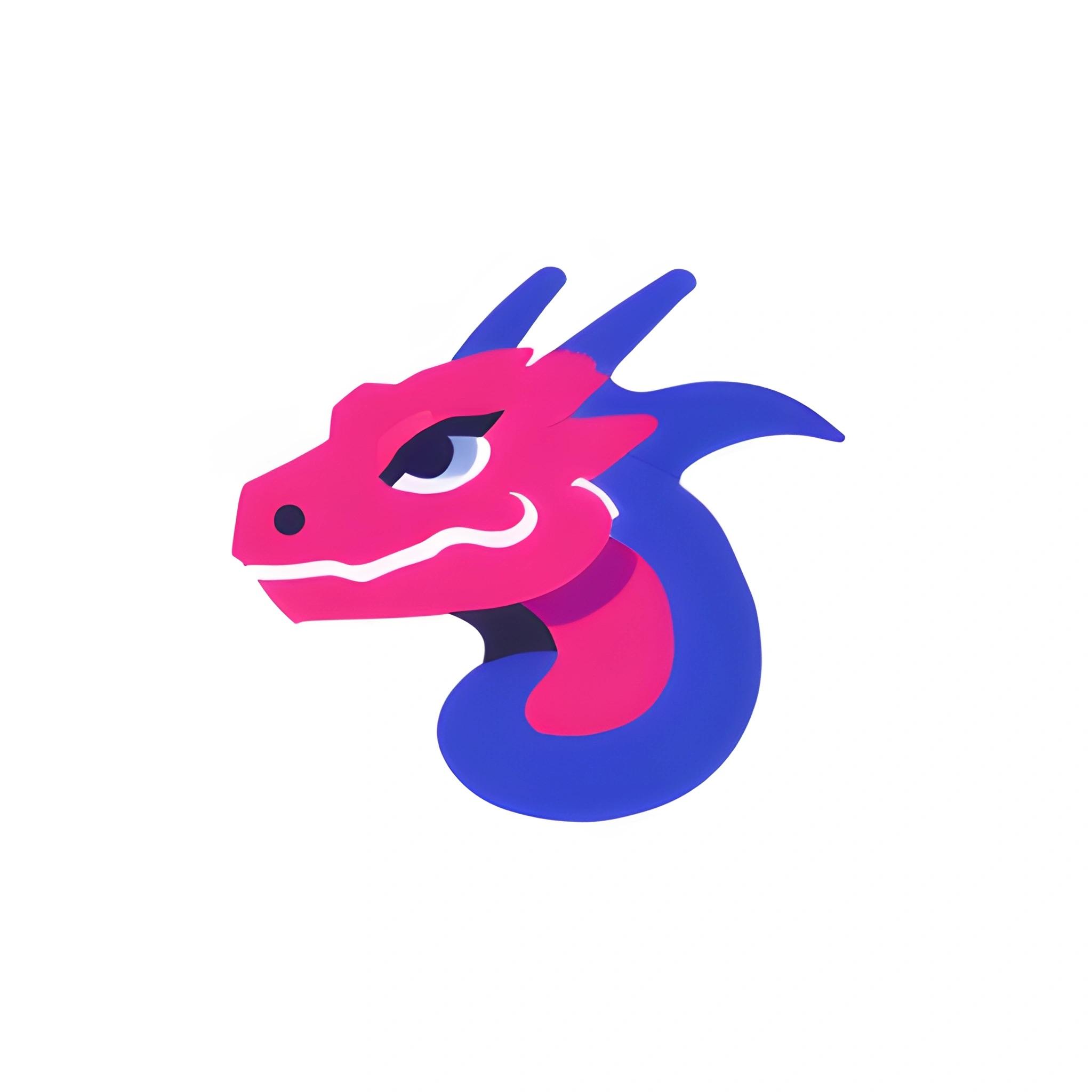 a pink dragon head with blue tail and a red nose