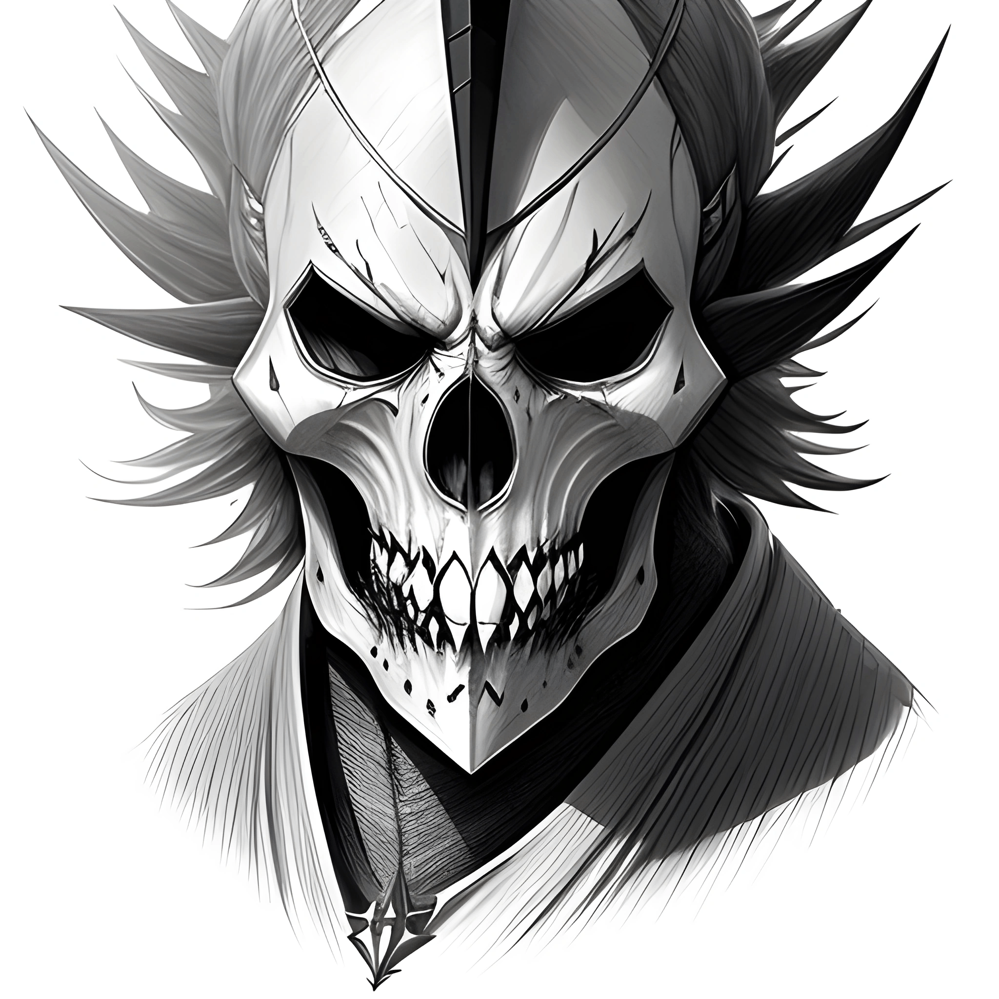 skull with spiked head and spiked hair in black and white