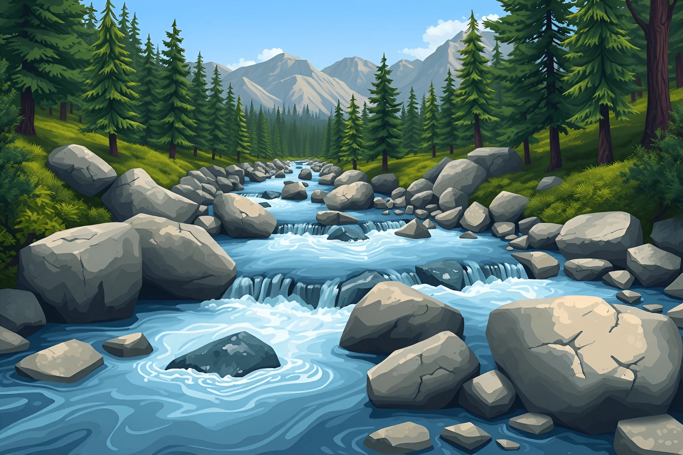 Mountain Stream with Pine Forest and Rocks - Free Download - AI Scribbles