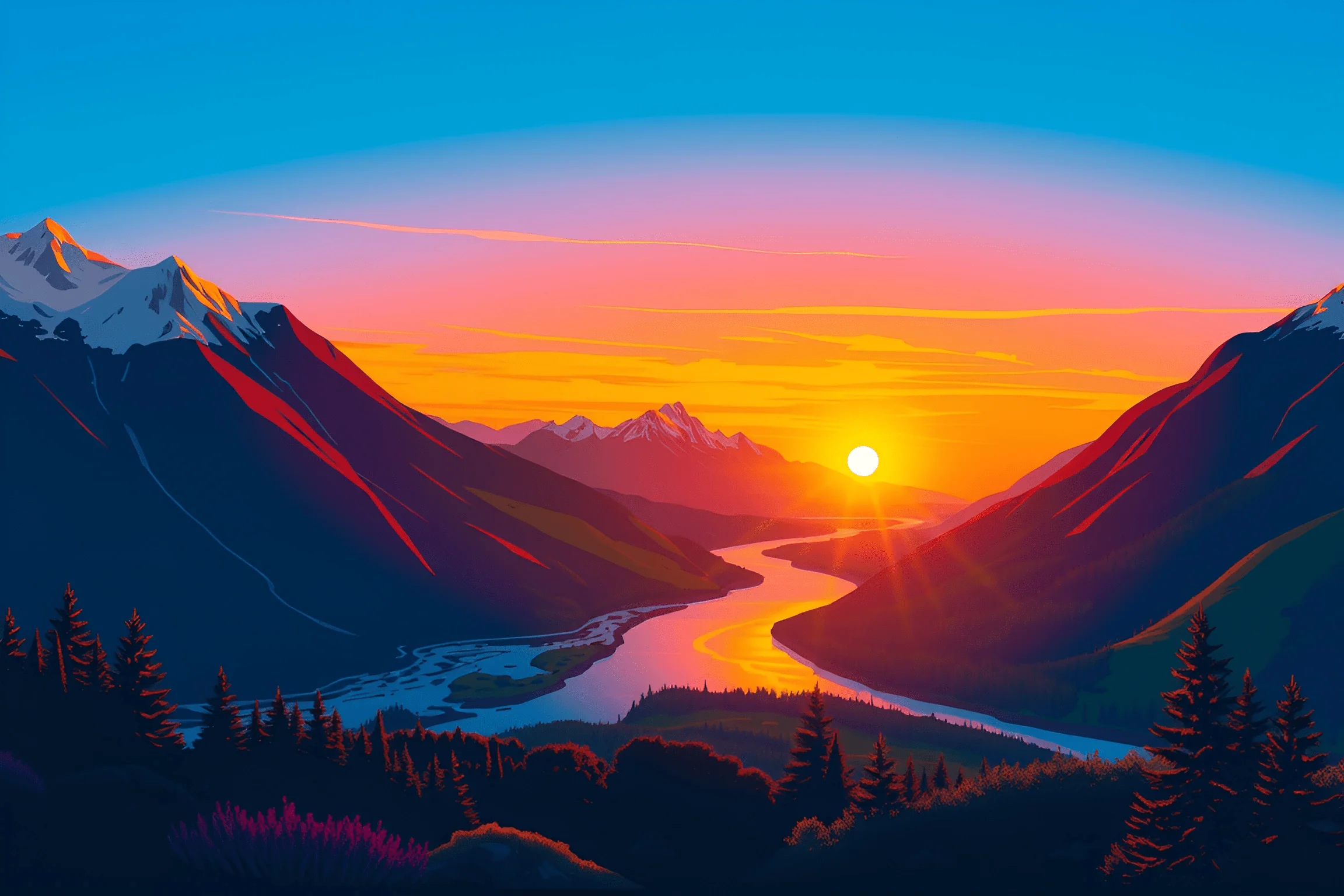 Mountain River Sunset Landscape - Free Download - AI Scribbles