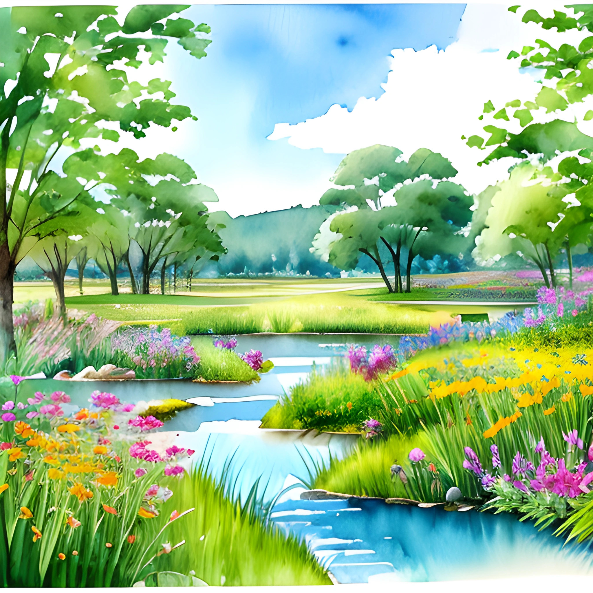 painting of a beautiful landscape with a river and flowers