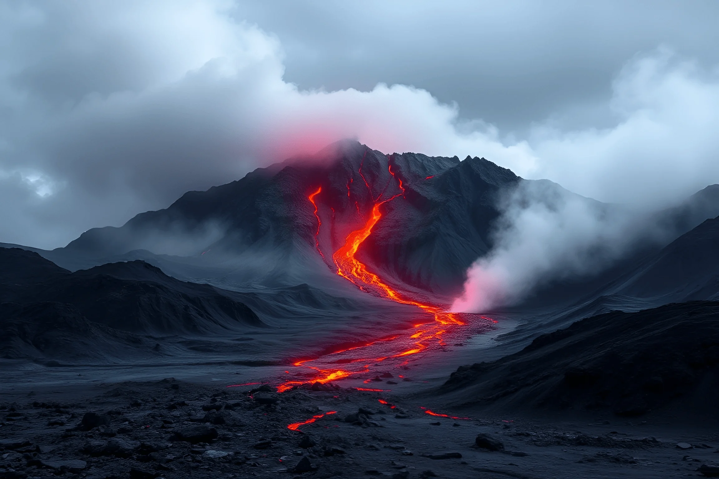 Volcano Eruption With Flowing Lava In Cloudy Landscape - Free Download ...