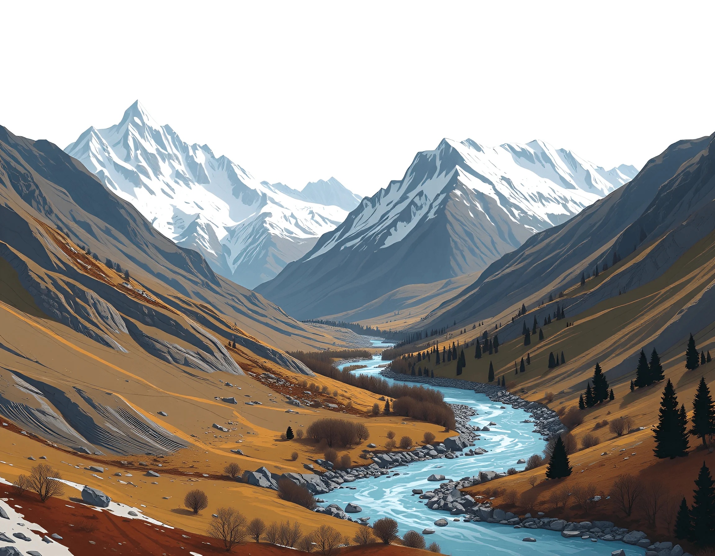 Snow-Capped Mountain Valley with Meandering River - Free Download - AI ...