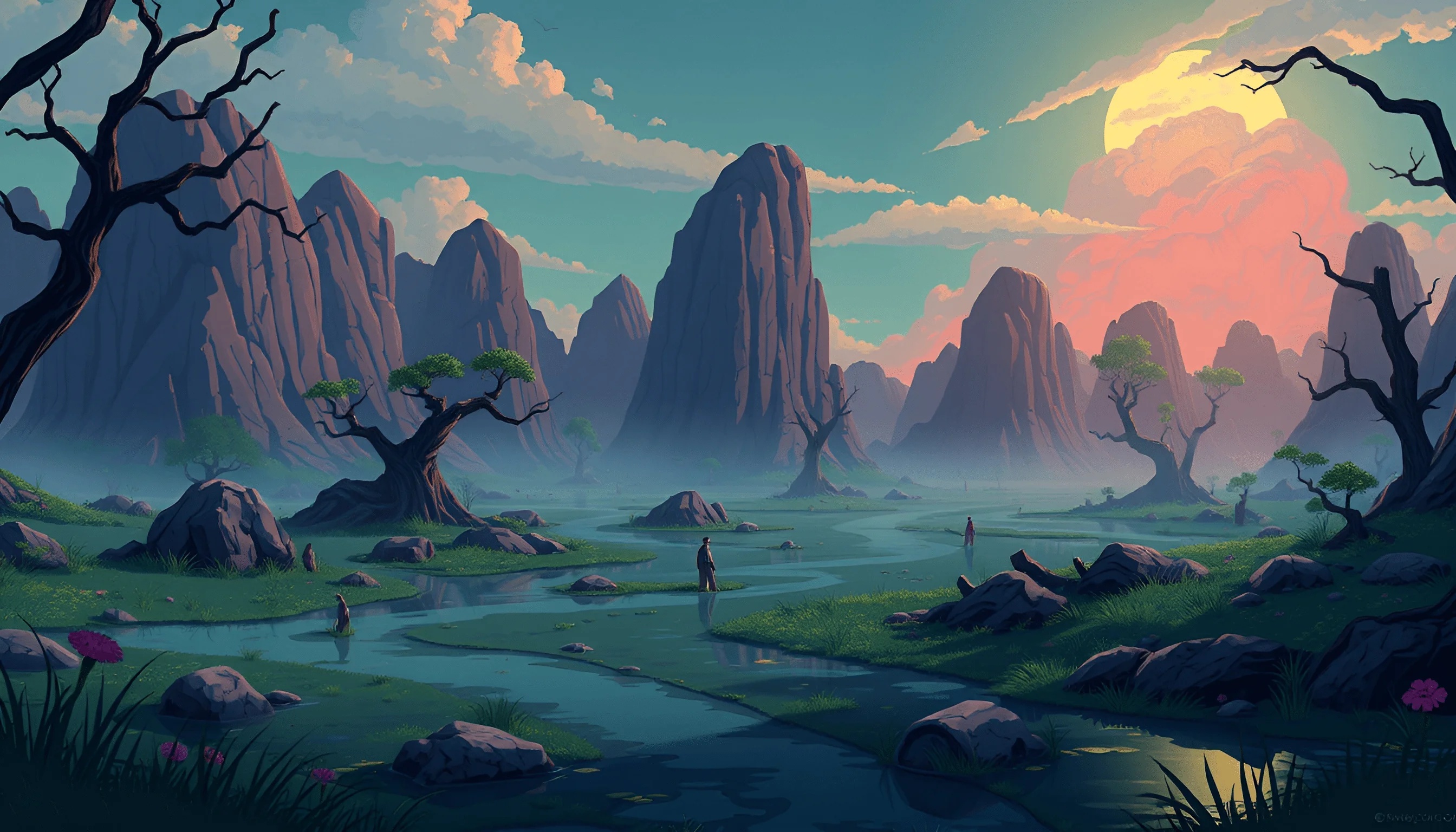 Misty River Valley With Rocky Mountains - Free Download - AI Scribbles