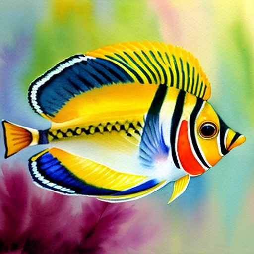 painting of a yellow fish with blue and white stripes swimming