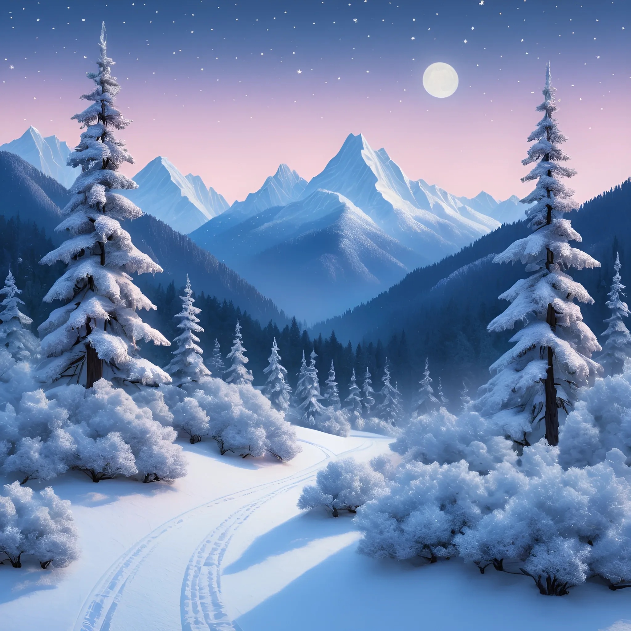 Snowy Winter Landscape with Mountains and Full Moon - Free Download ...
