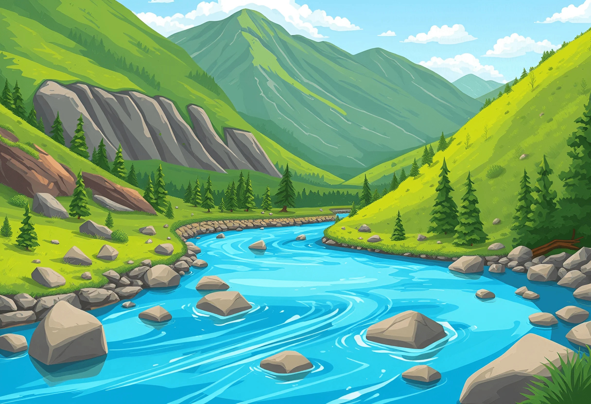 Illustration Of Mountain River Landscape - Free Download - AI Scribbles