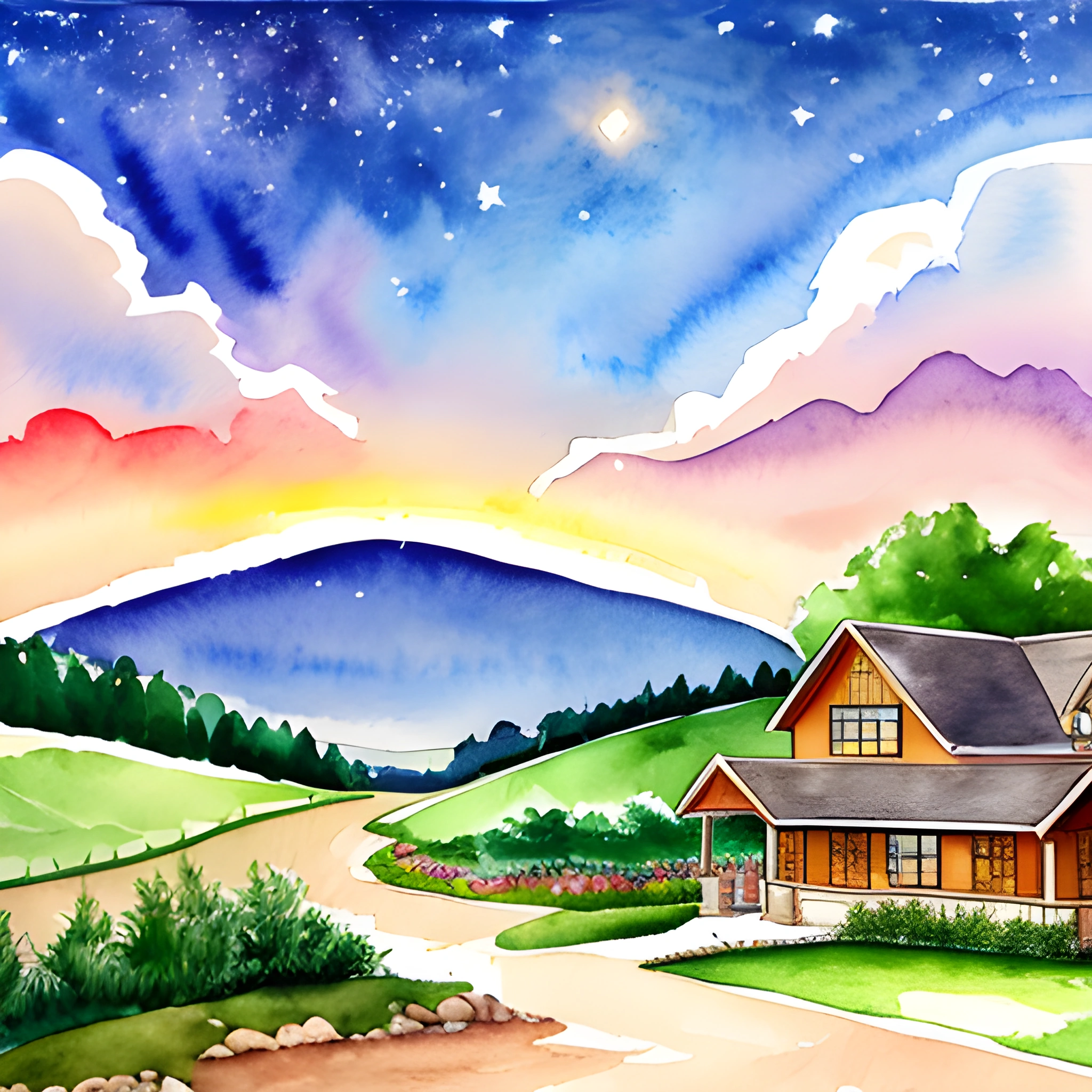 painting of a house in a rural area with a mountain in the background