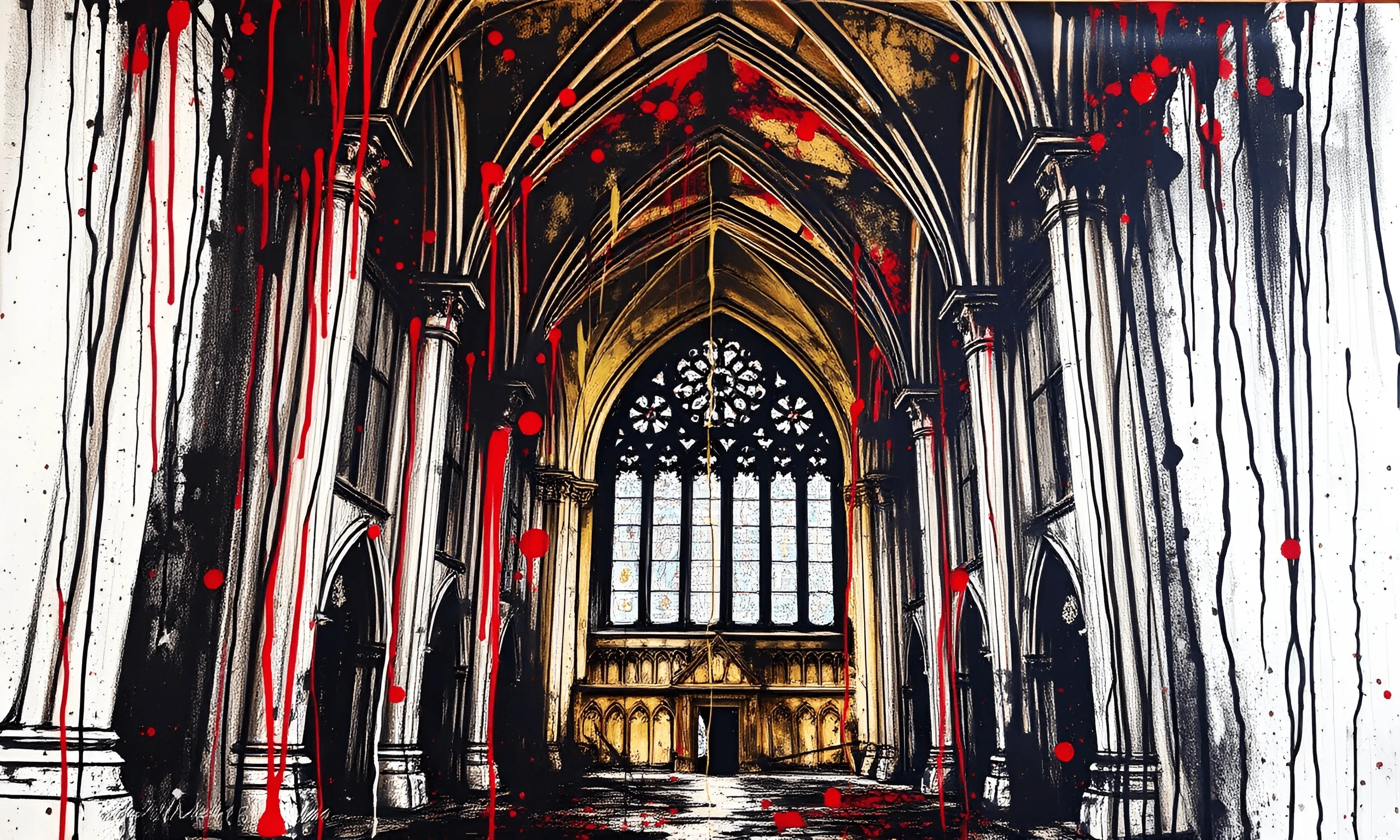 Gothic Cathedral Interior Art with Red and Gold Drips - Free Download ...