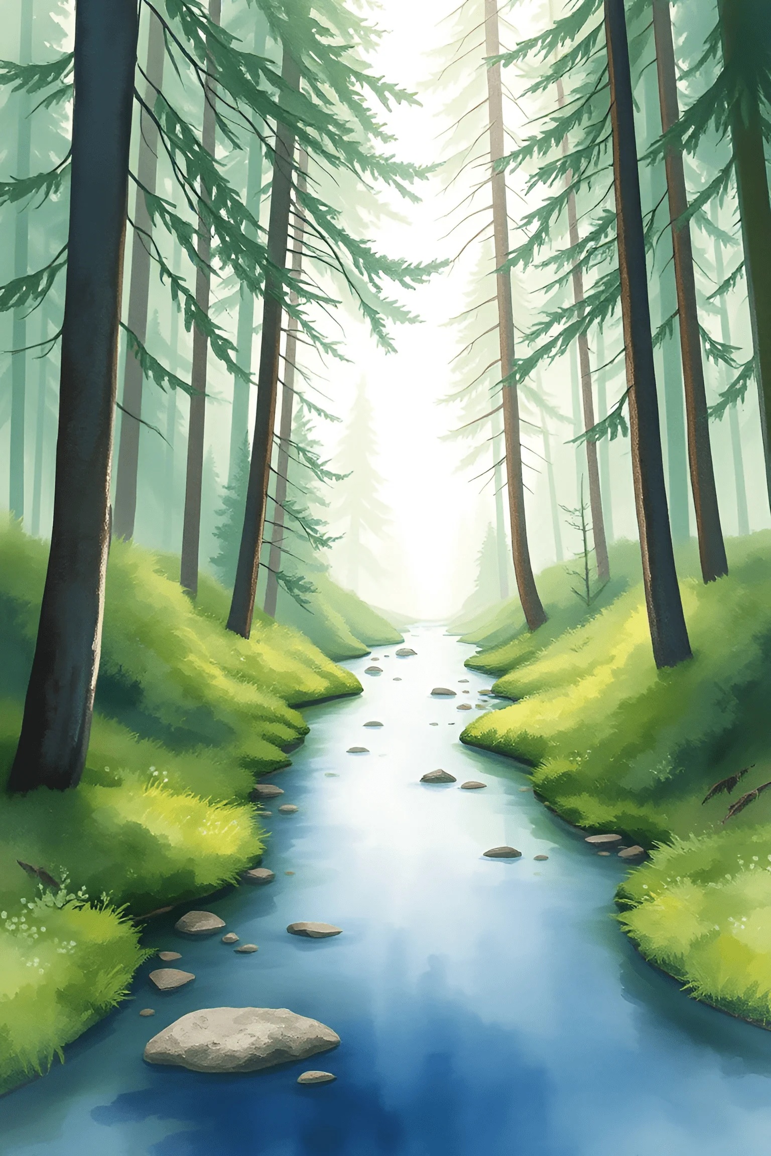 Misty Forest Stream with Pine Trees - Free Download - AI Scribbles