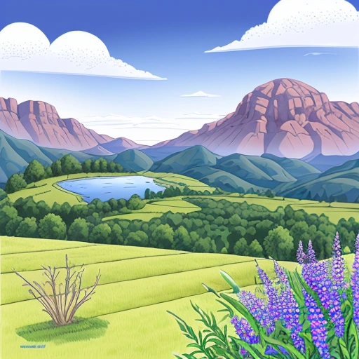 illustration of a beautiful landscape with a lake and mountains