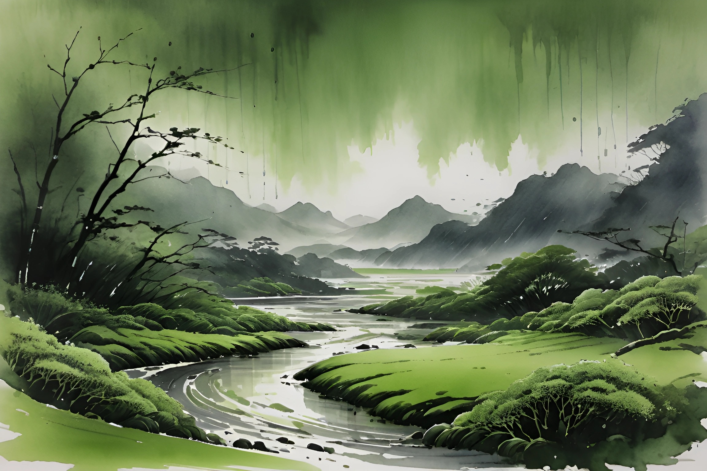 Serene Green Landscape with Misty Mountains - Free Download - AI Scribbles