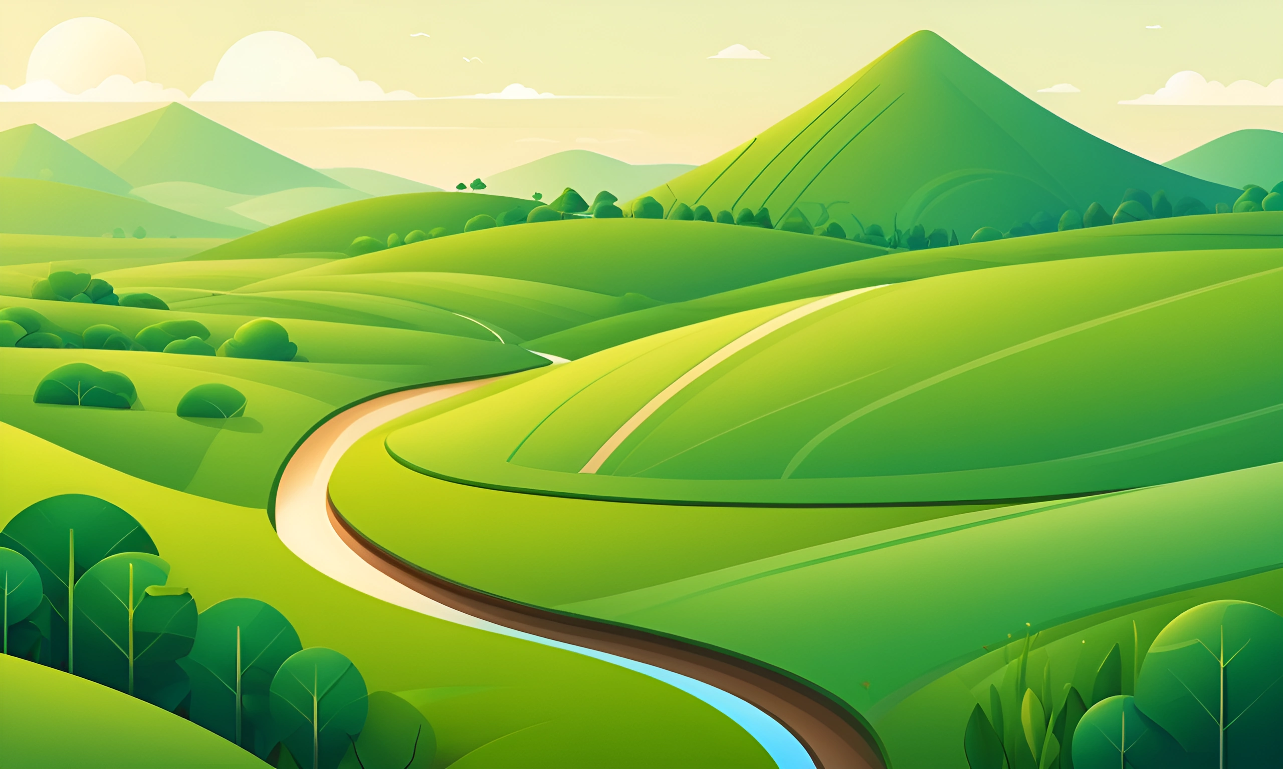 Lush Green Hills with Meandering River - Free Download - AI Scribbles