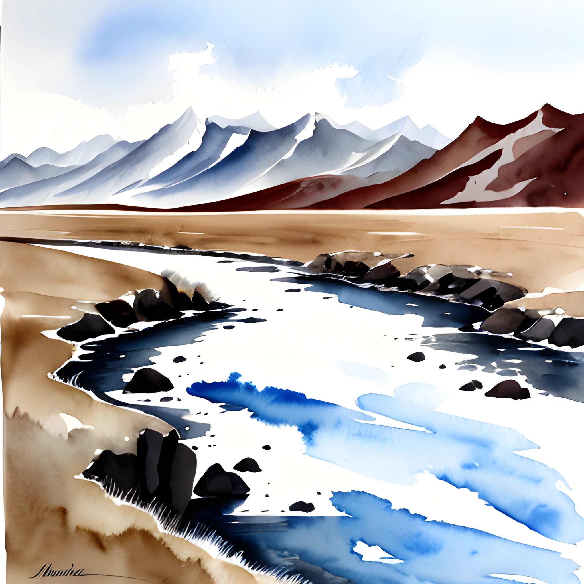 painting of a river running through a desert with mountains in the background