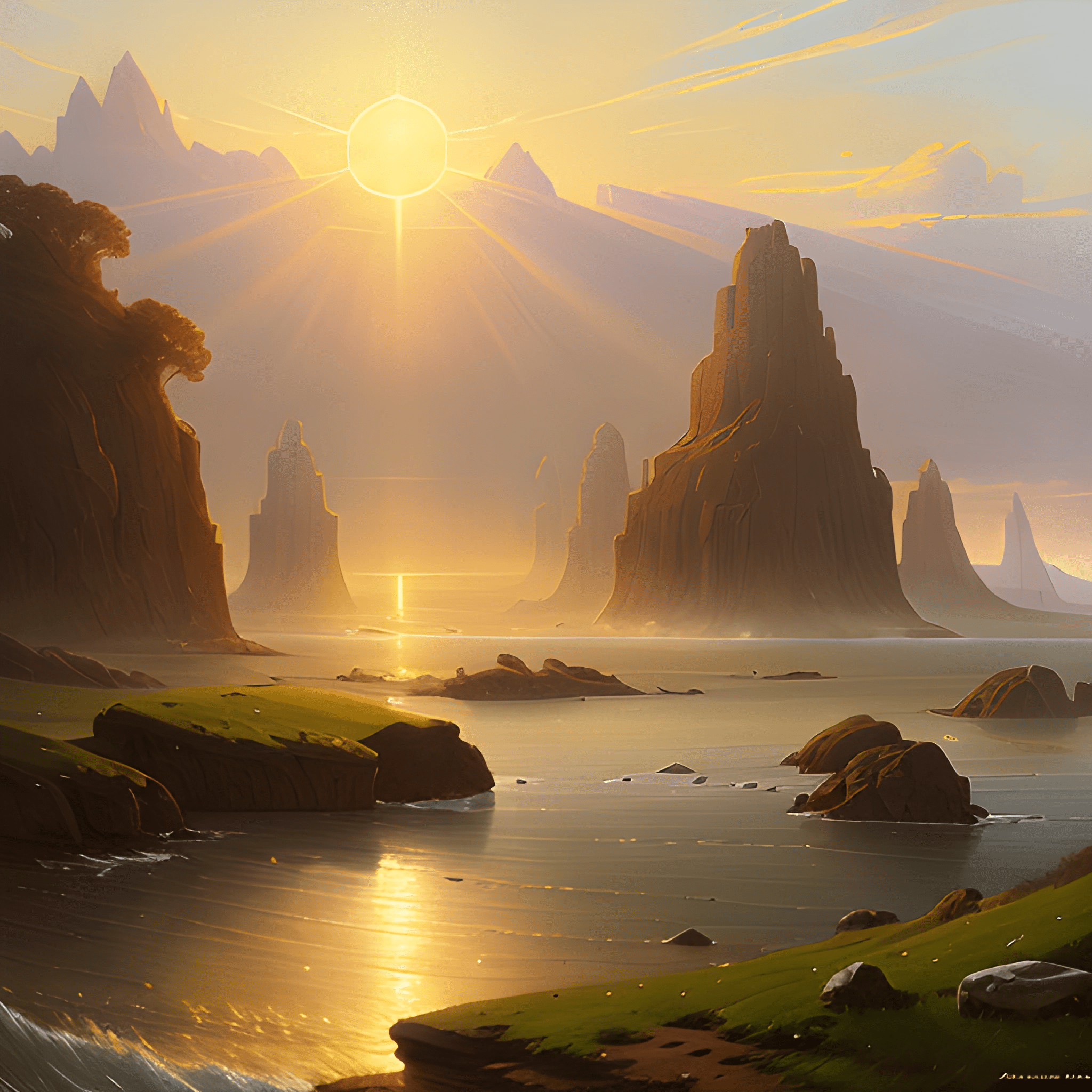 Majestic Sunset Over Fantasy Landscape - Free Download - AI Scribbles