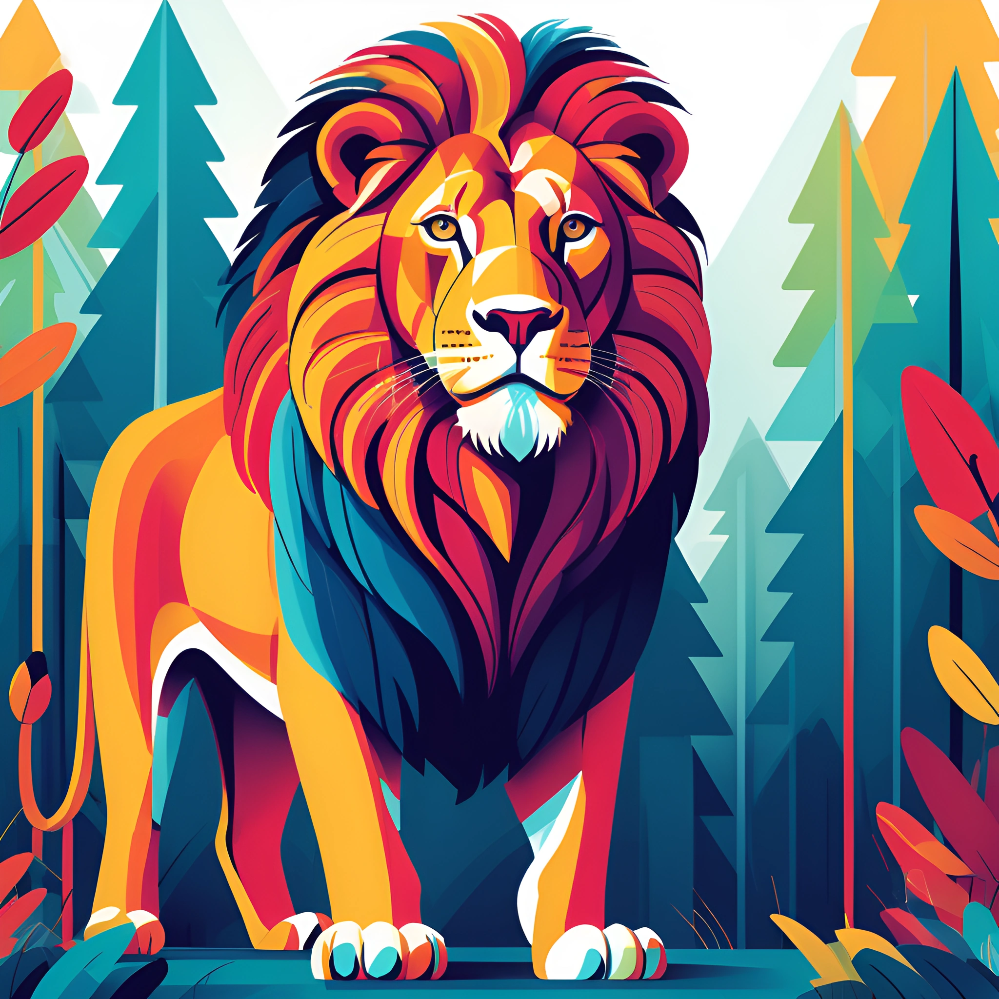Vibrant Lion Illustration in Forest - Free Download - AI Scribbles
