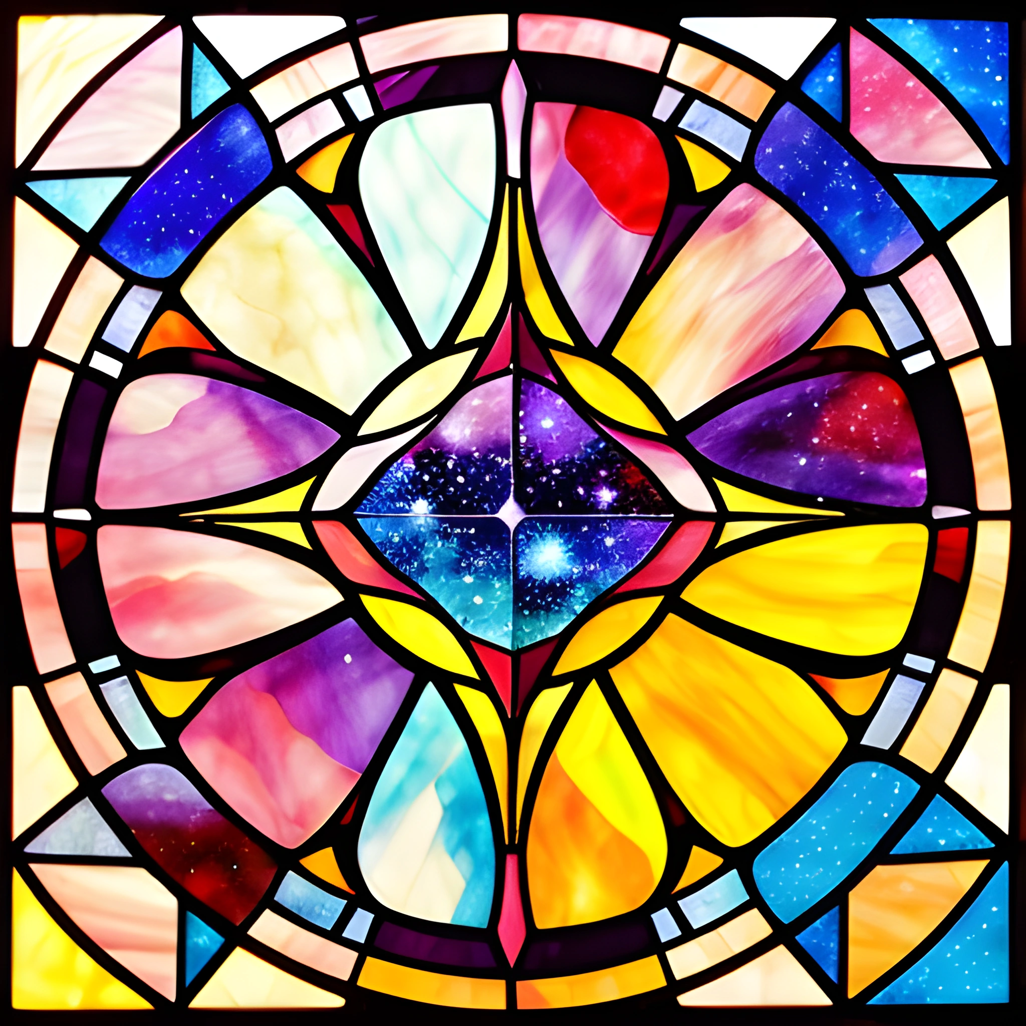 a close up of a stained glass window with a star in the center