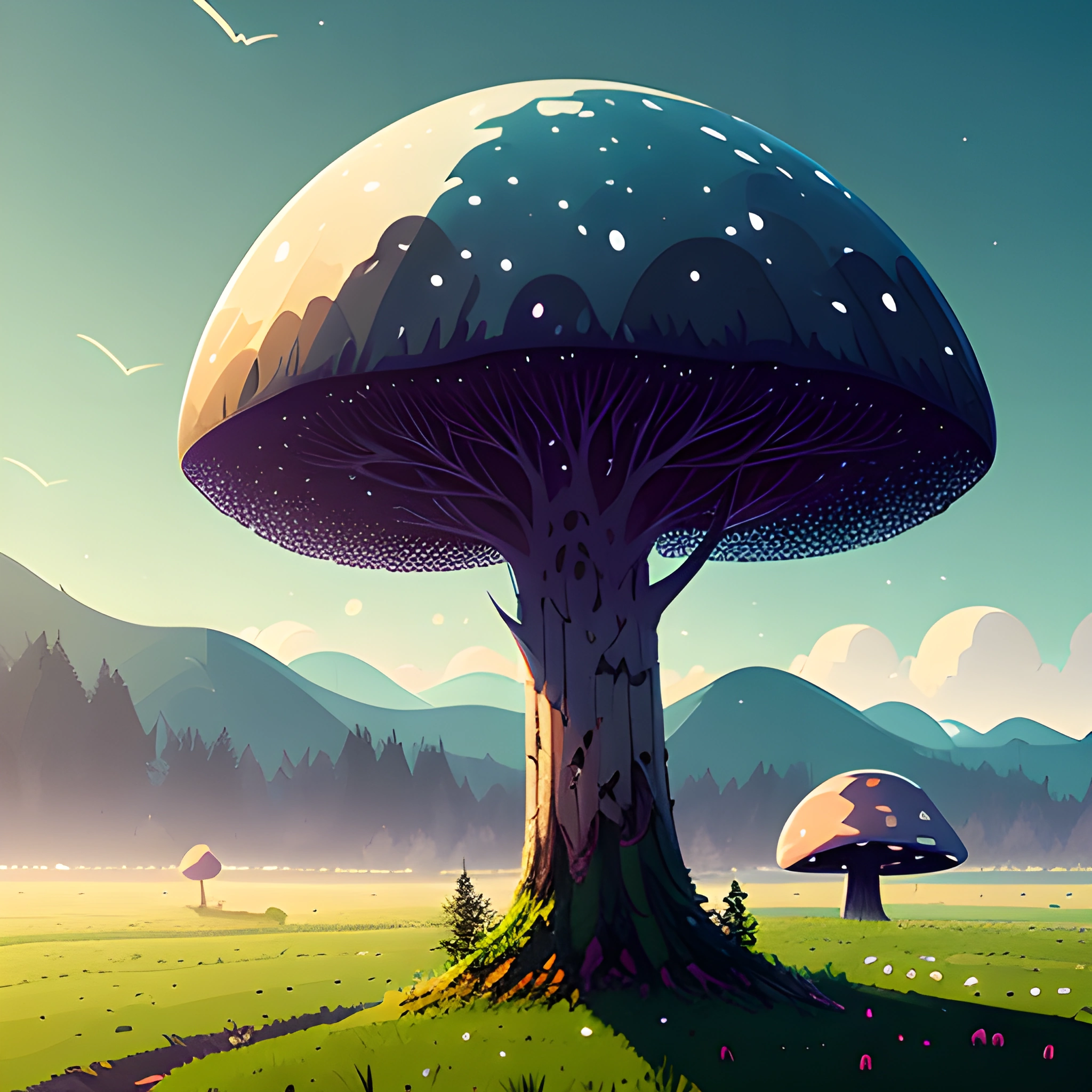 a cartoon style illustration of a mushroom in a field