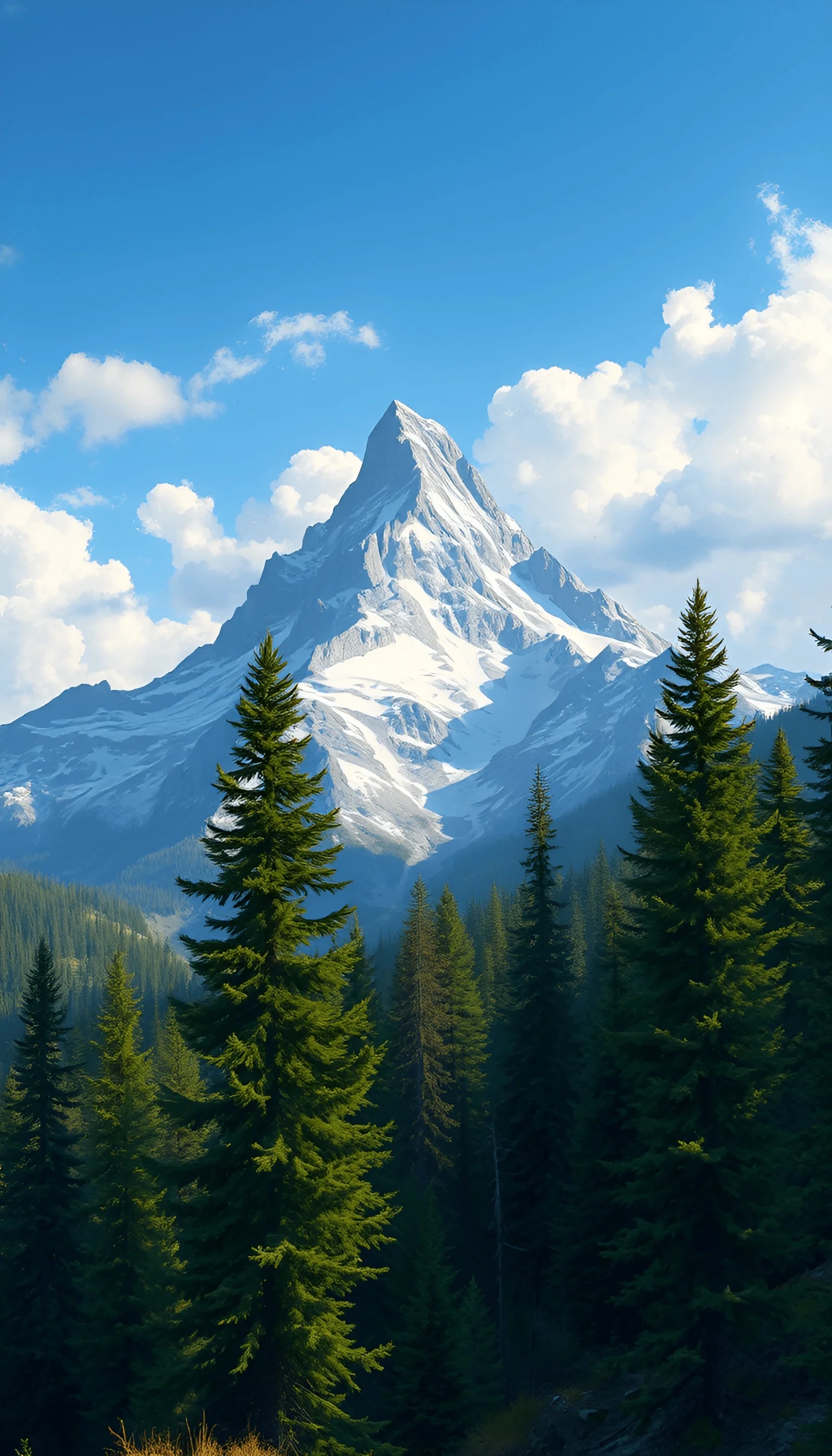 Snow-Capped Mountain Peak with Pine Forest - Free Download - AI Scribbles