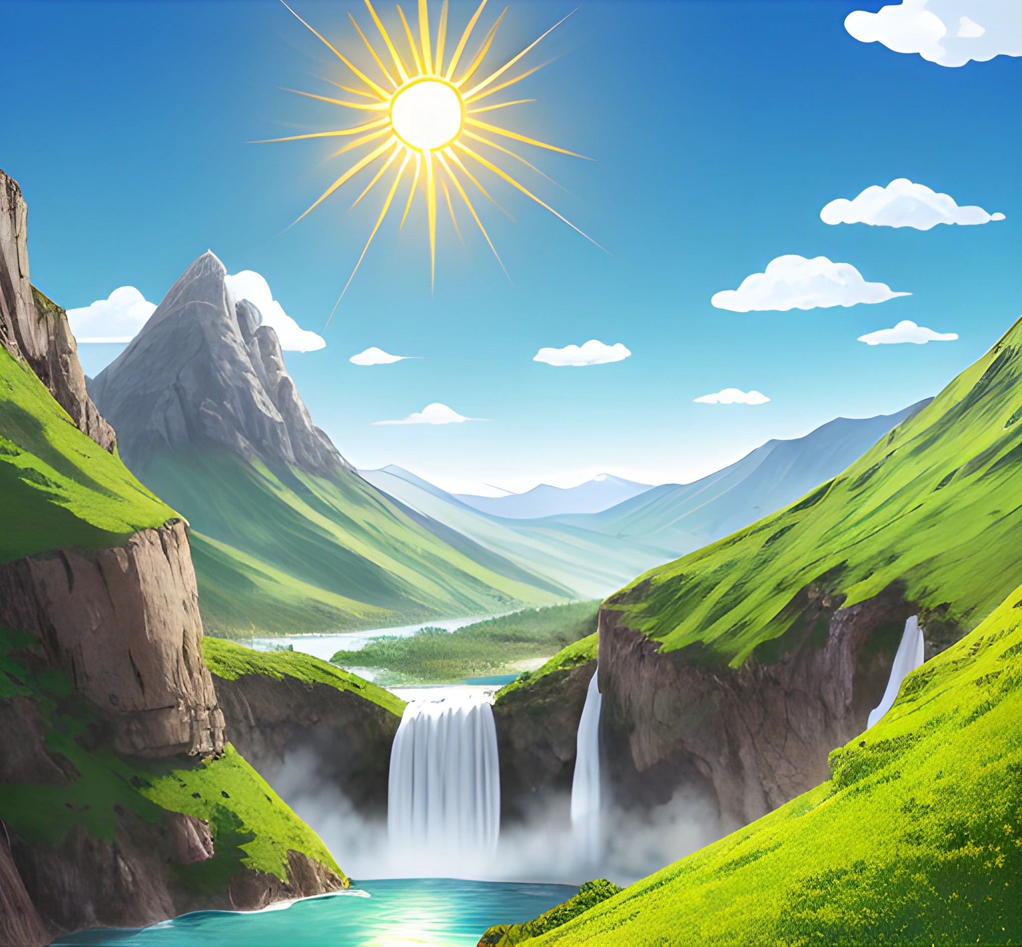 a painting of a waterfall in the mountains with a sun