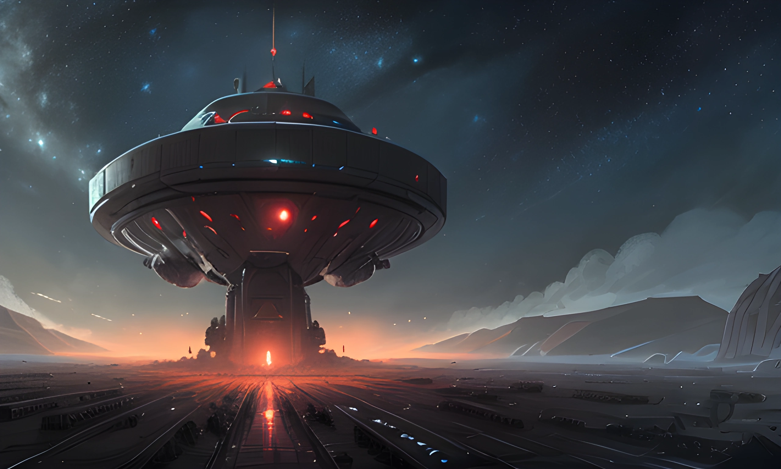 spaceship flying over a train track in a futuristic setting