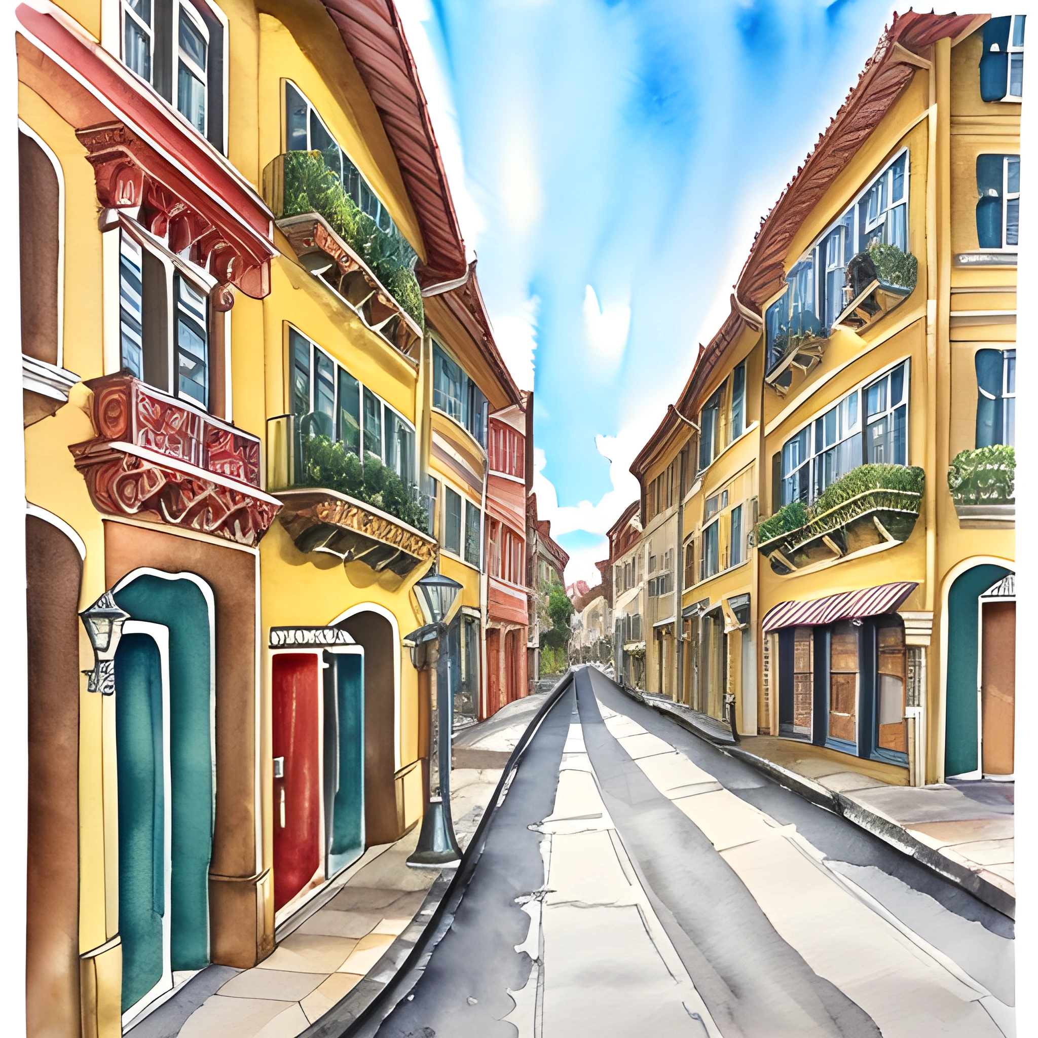 painting of a street with buildings and a red door