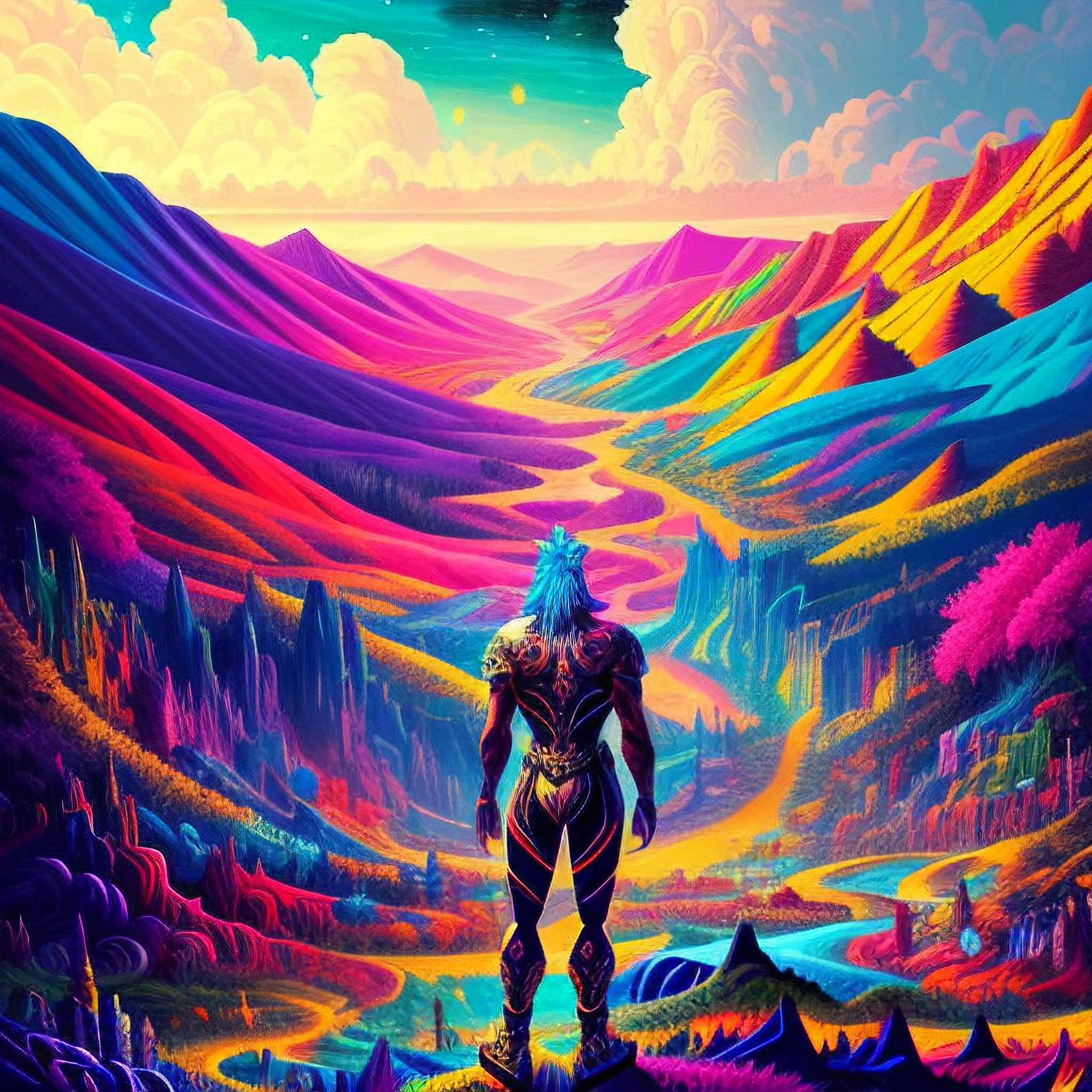 Vibrant Fantasy Landscape with Warrior - Free Download - AI Scribbles