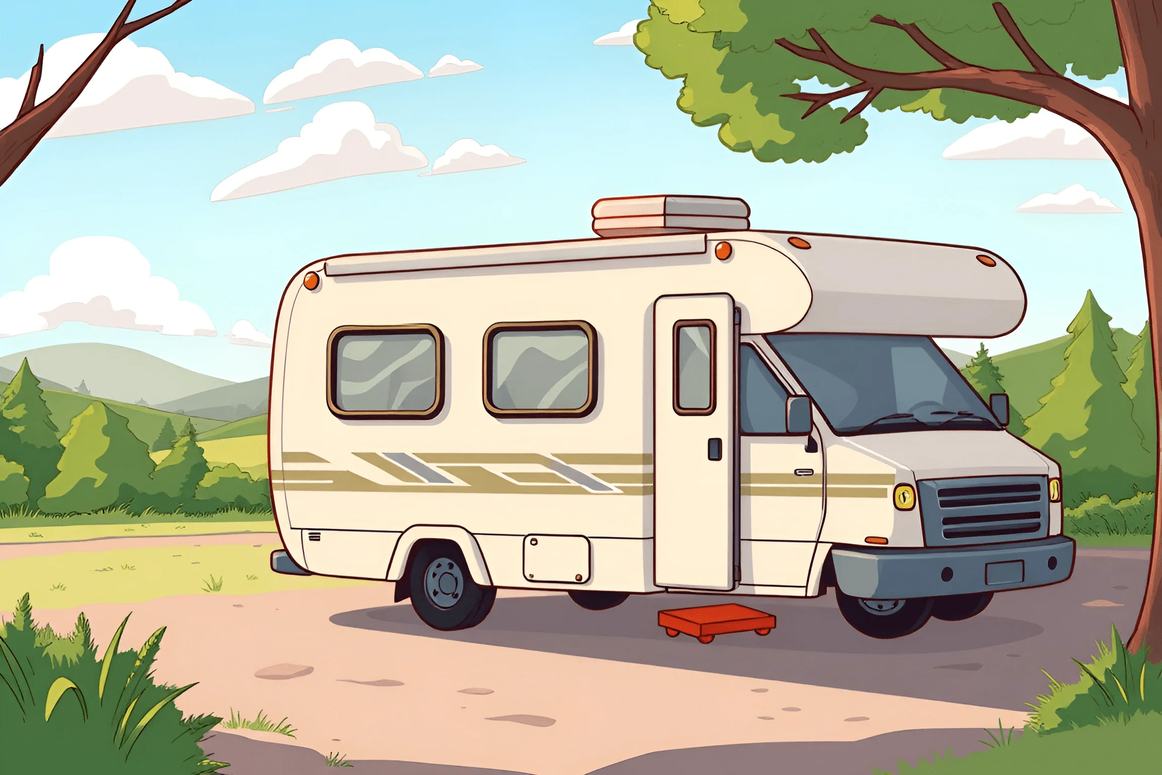 Animated Rv Pics Cartoon RV in a Scenic Campground - Free Download - AI Scribbles