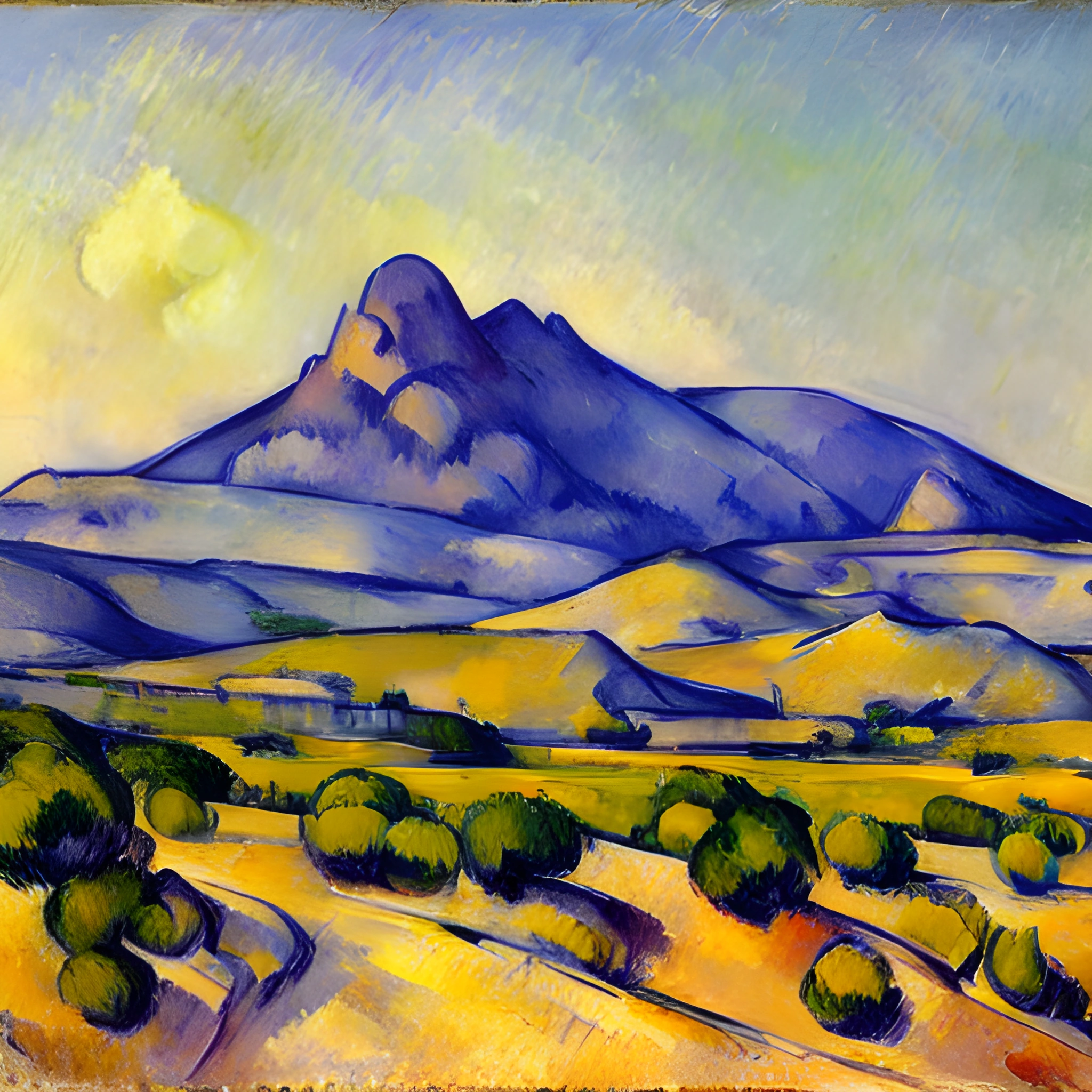 painting of a mountain with a valley in the foreground
