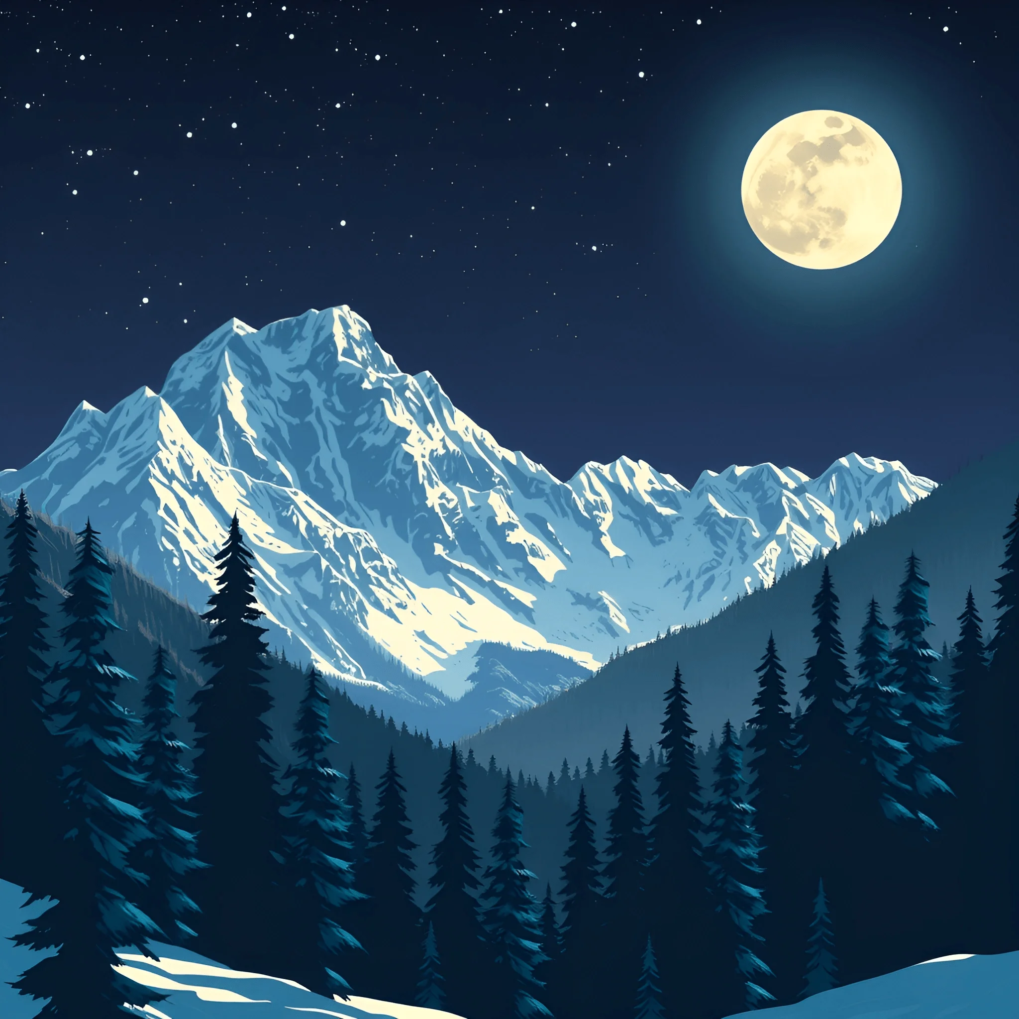 Snowy Mountain Landscape Under Full Moon - Free Download - AI Scribbles