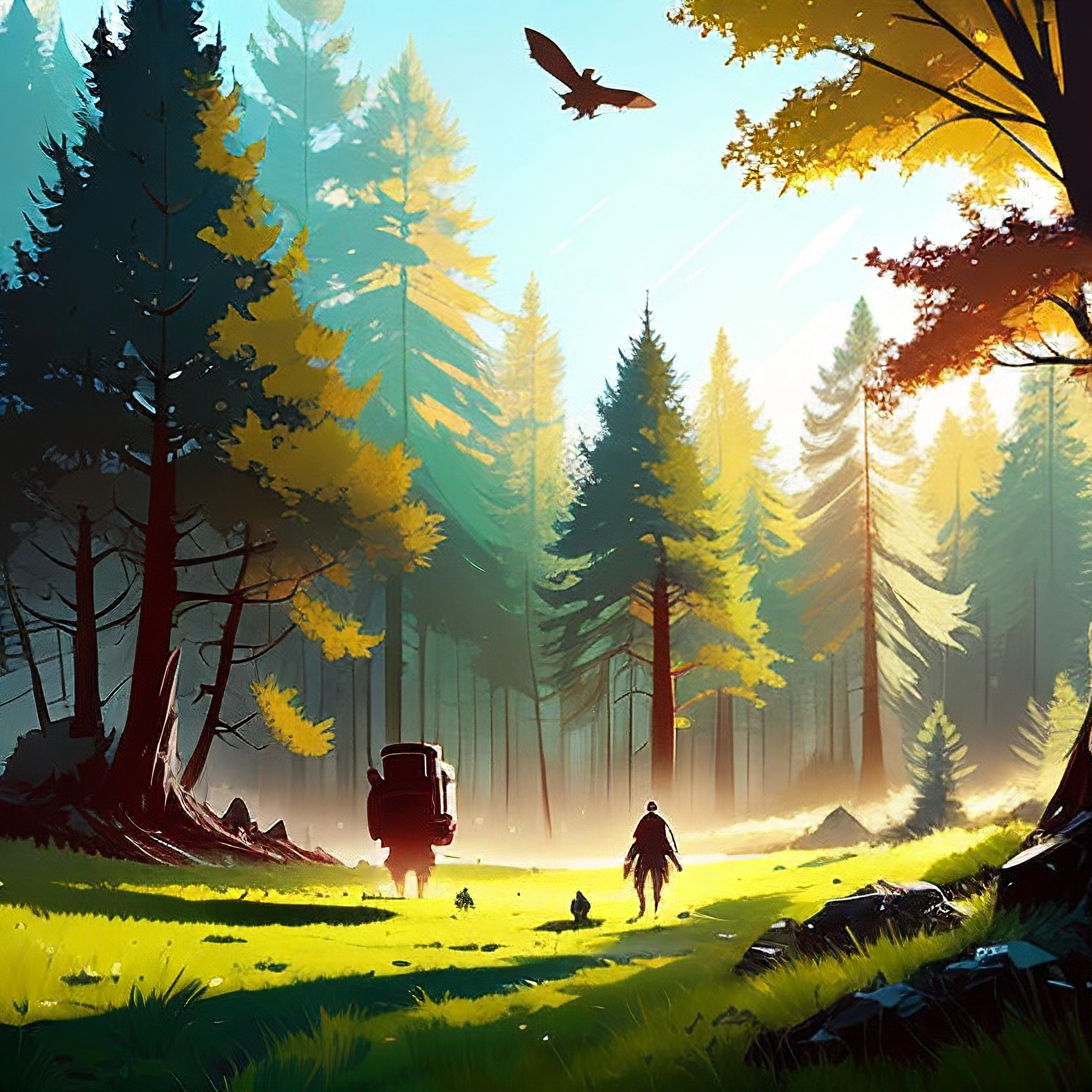 illustration of a man walking through a forest with a backpack