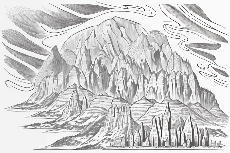 drawing of a mountain with a river and trees in the foreground