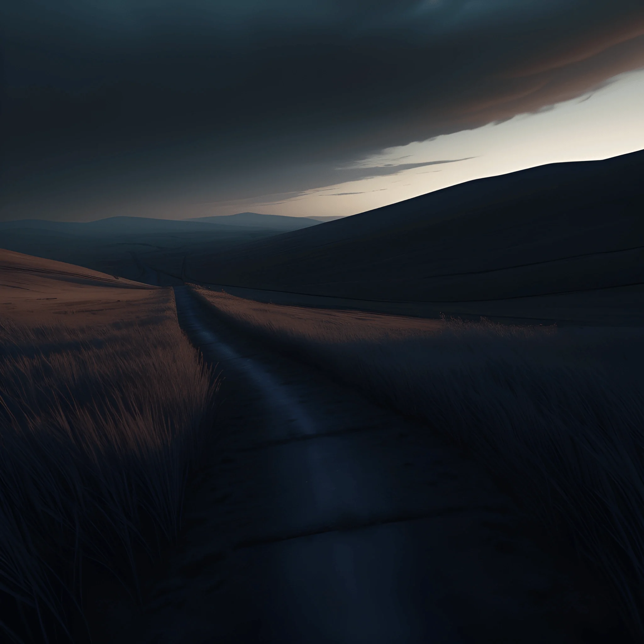 Path In The Dark Mysterious Path Through Rolling Hills - Free Download - AI Scribbles