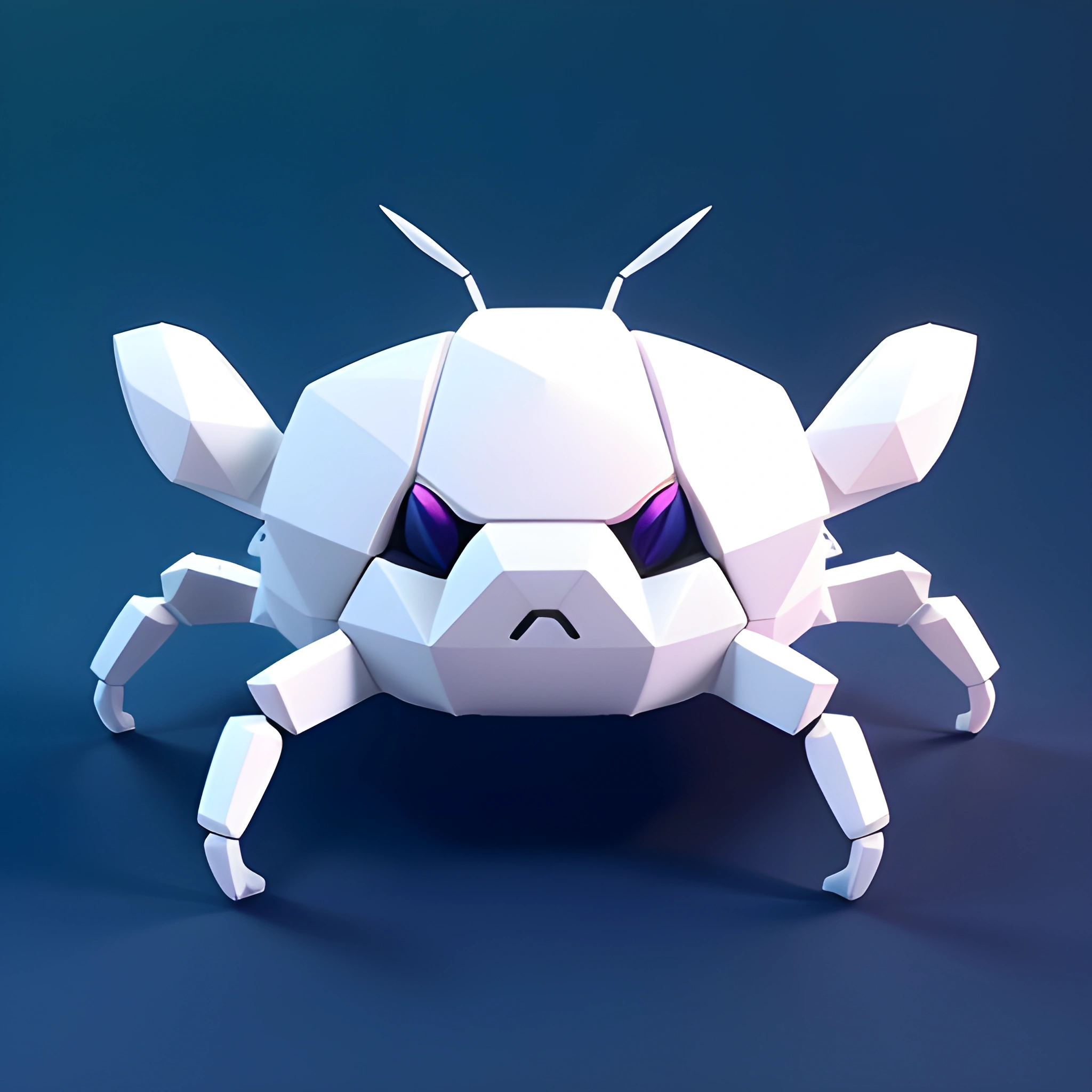 a white paper crab with purple eyes on a blue background