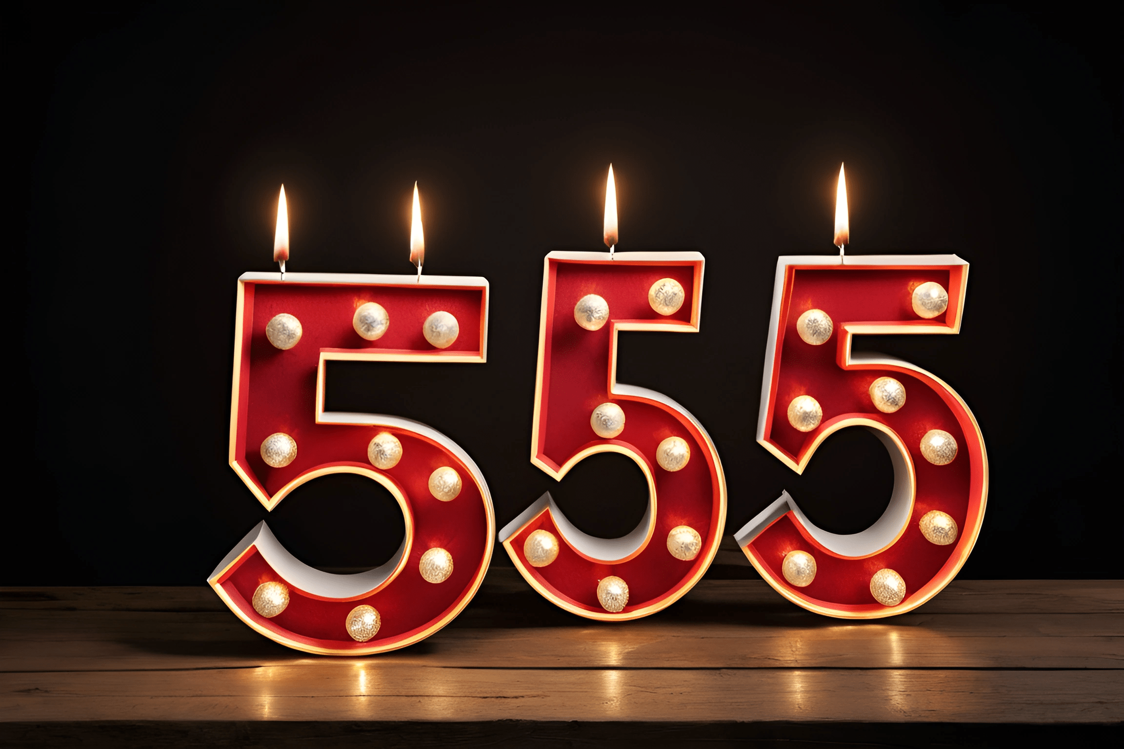 a close up of a number 55 candle with lit candles