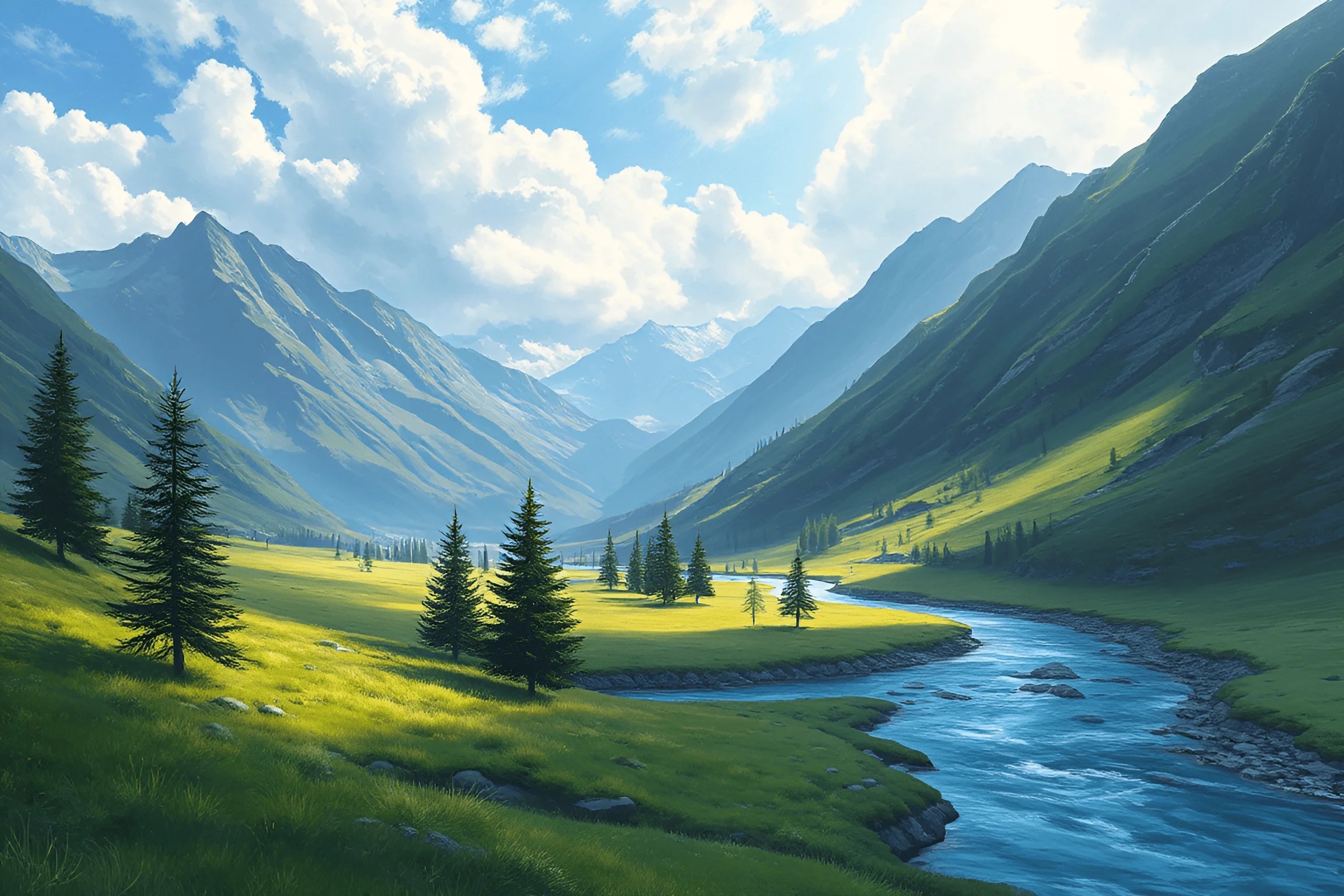 Mountain Valley With River and Pine Trees - Free Download - AI Scribbles