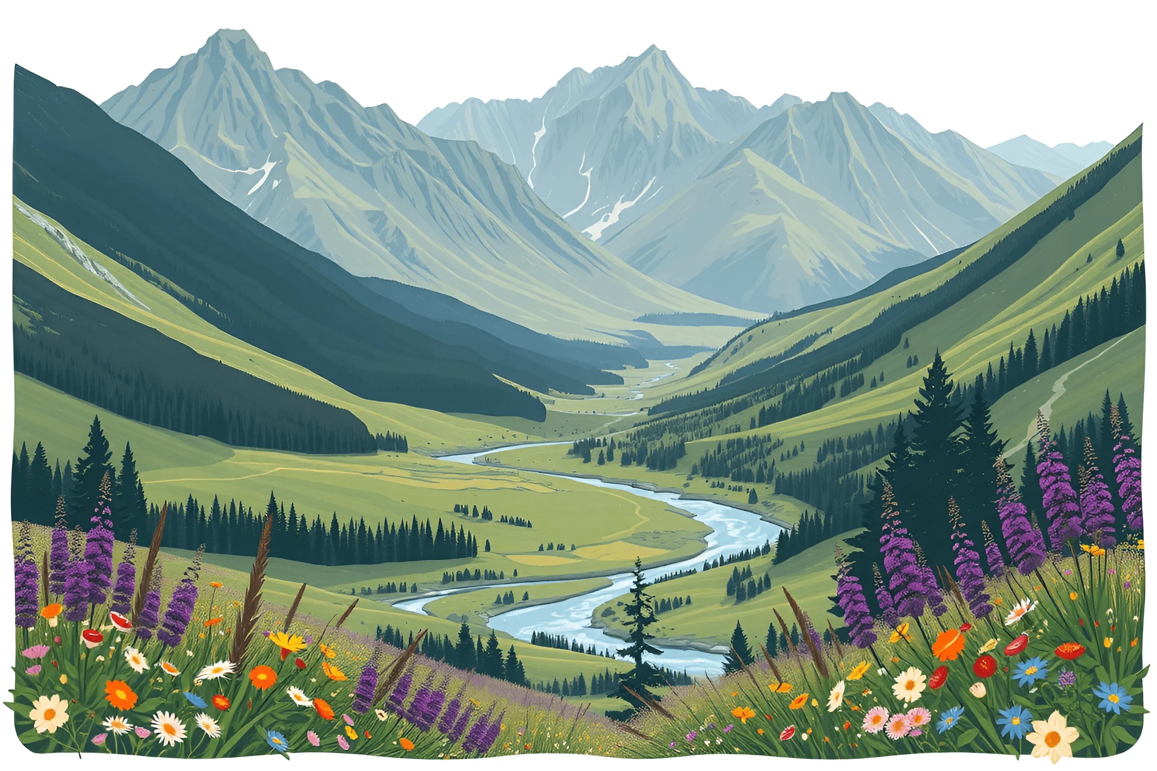 Mountain Valley with Wildflowers and River - Free Download - AI Scribbles