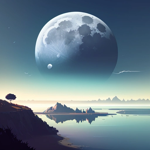 a view of a moon over a lake with a lone tree